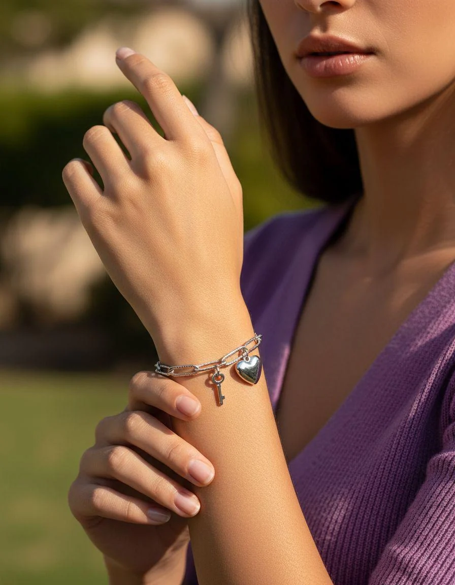 BRACELET EN ACIER COEUR ET CLE PENDANTS - Image 2