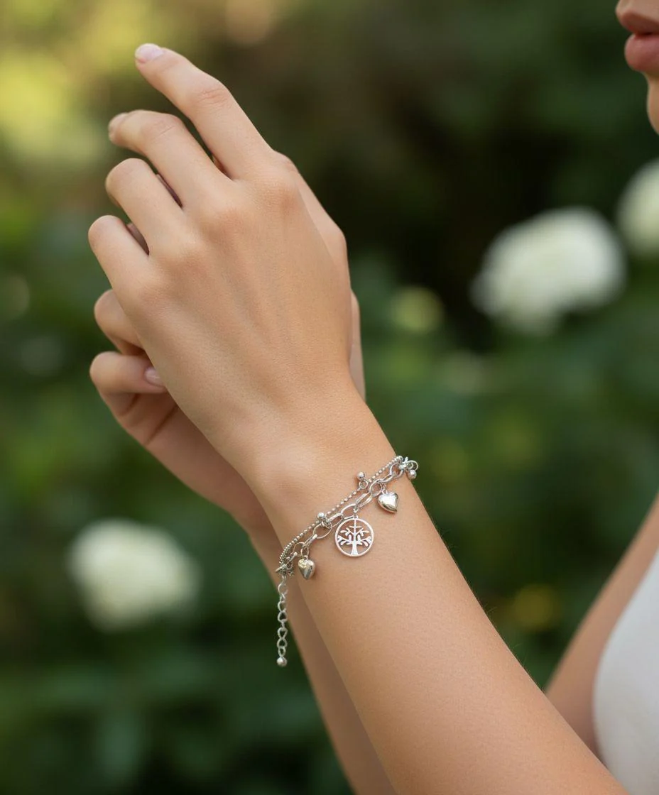 BRACELET EN ACIER COEURS ET ARBRE DE VIE PENDANT - Image 2
