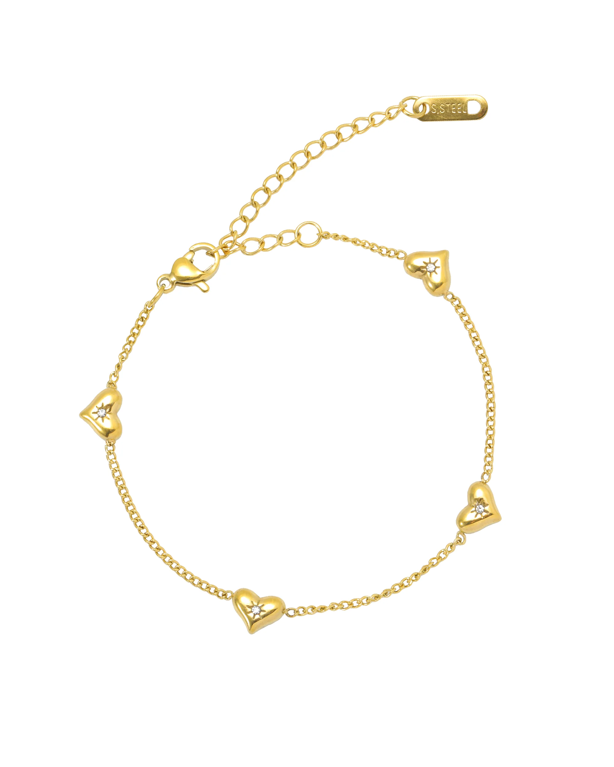 BRACELET EN ACIER DORE AVEC COEURS BOMBES ET STRASS