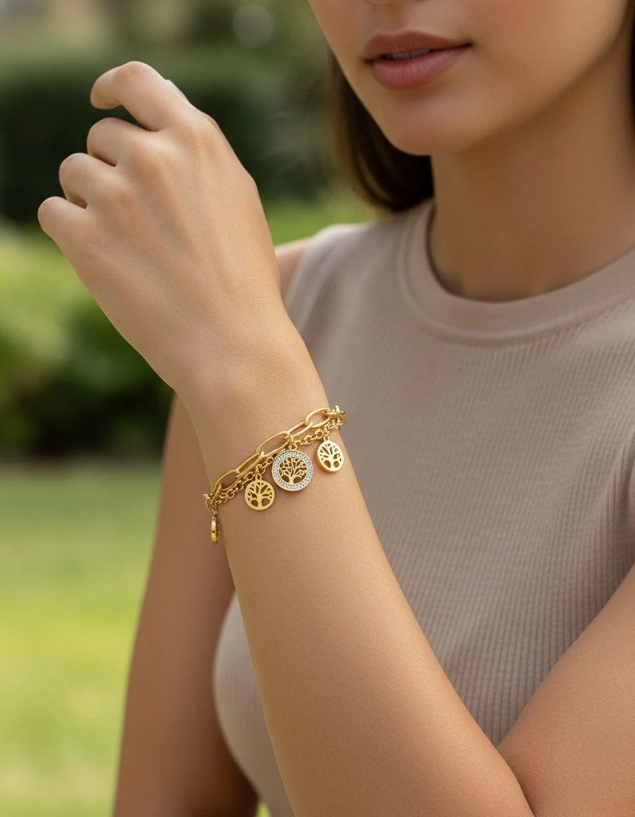 BRACELET EN ACIER DORE ARBRE DE VIE AVEC STRASS - Image 2