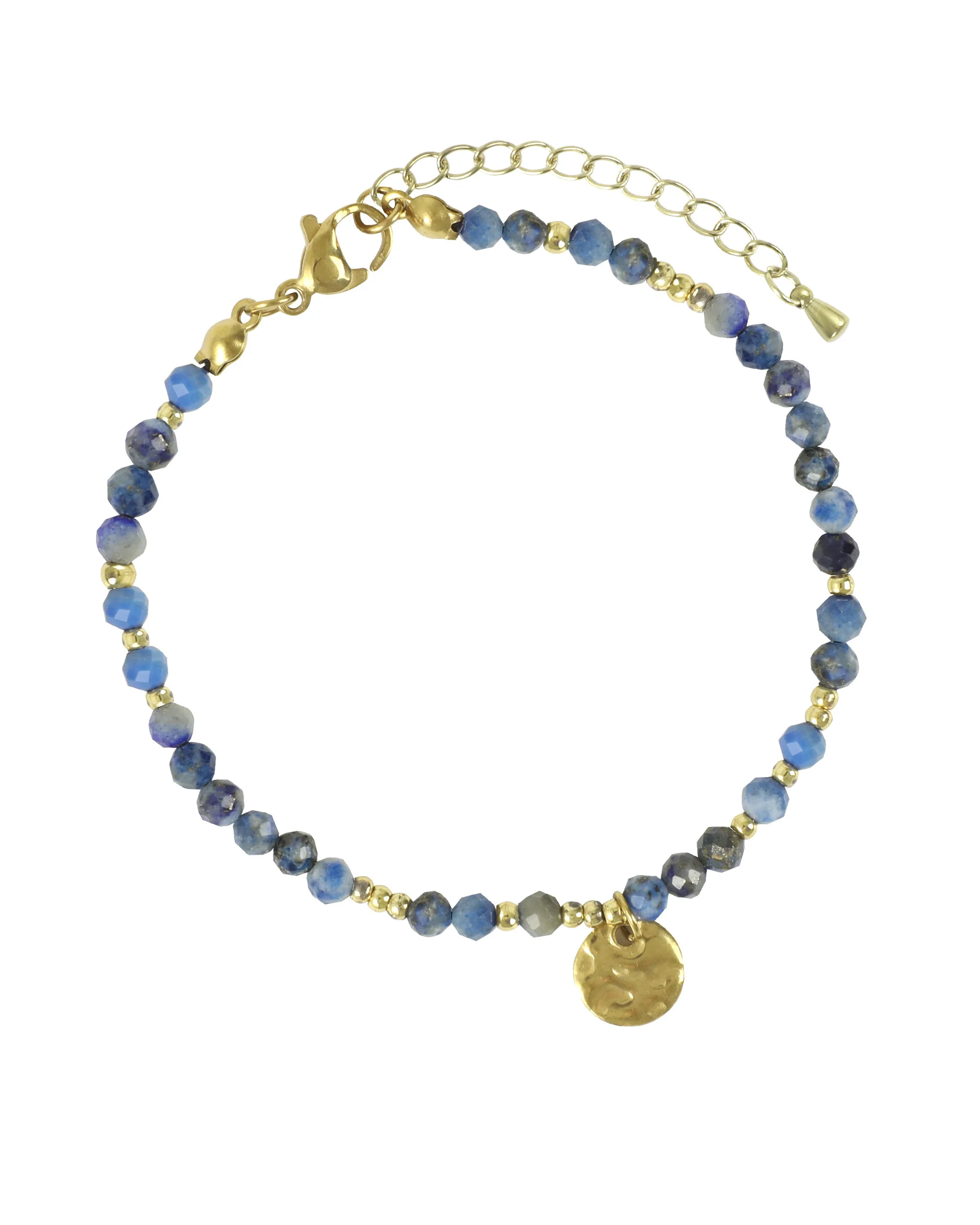 BRACELET EN ACIER DORE AVEC BILLES BLEU MARBRE ORNE D'UNE PASTILLE MARTELEE
