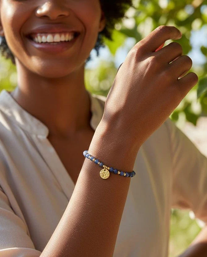 BRACELET EN ACIER DORE AVEC BILLES BLEU MARBRE ORNE D'UNE PASTILLE MARTELEE - Image 2