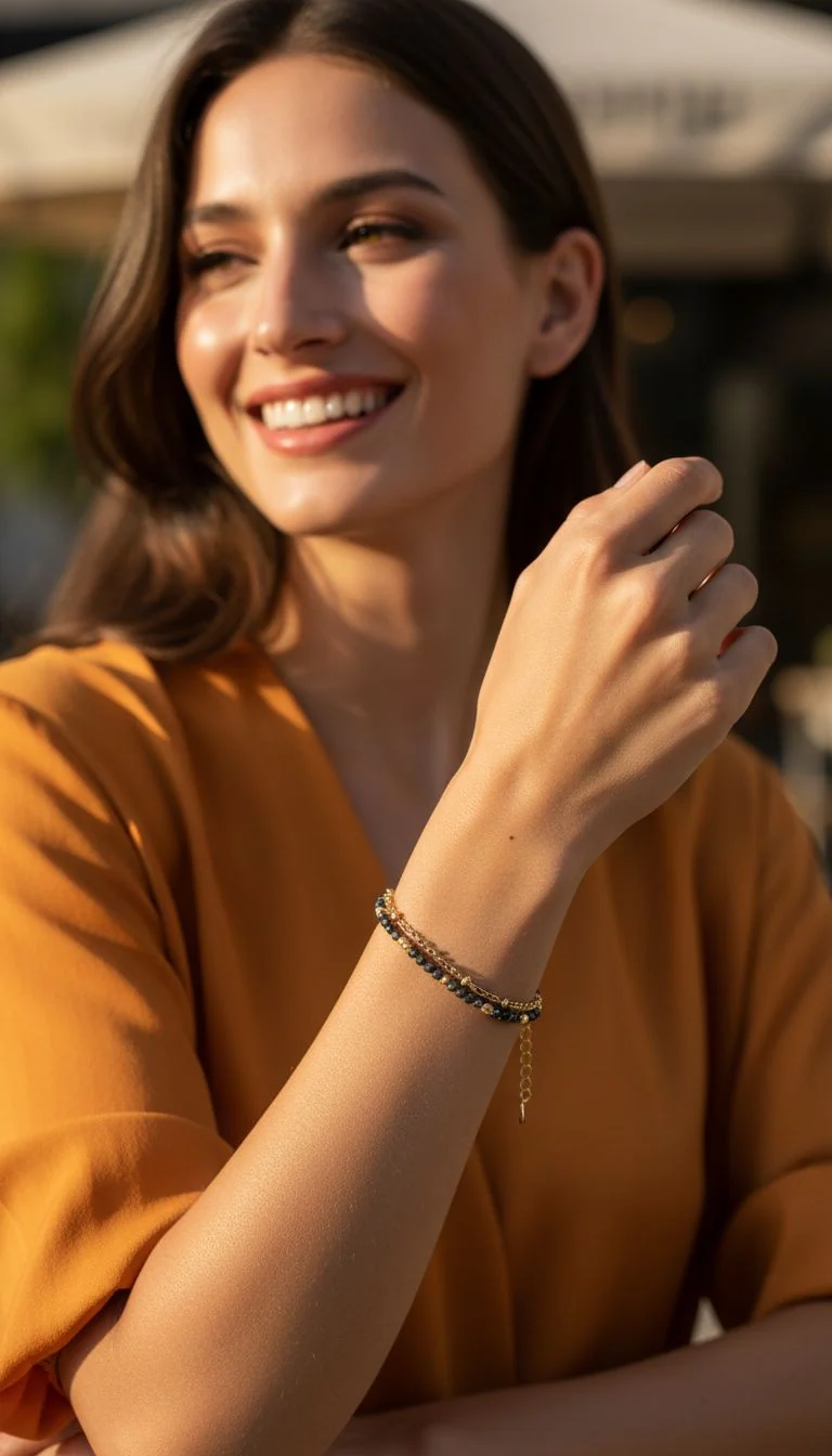 BRACELET EN ACIER DORE AVEC BILLES ONYX ORNE D'UNE PASTILLE MARTELEE - Image 2