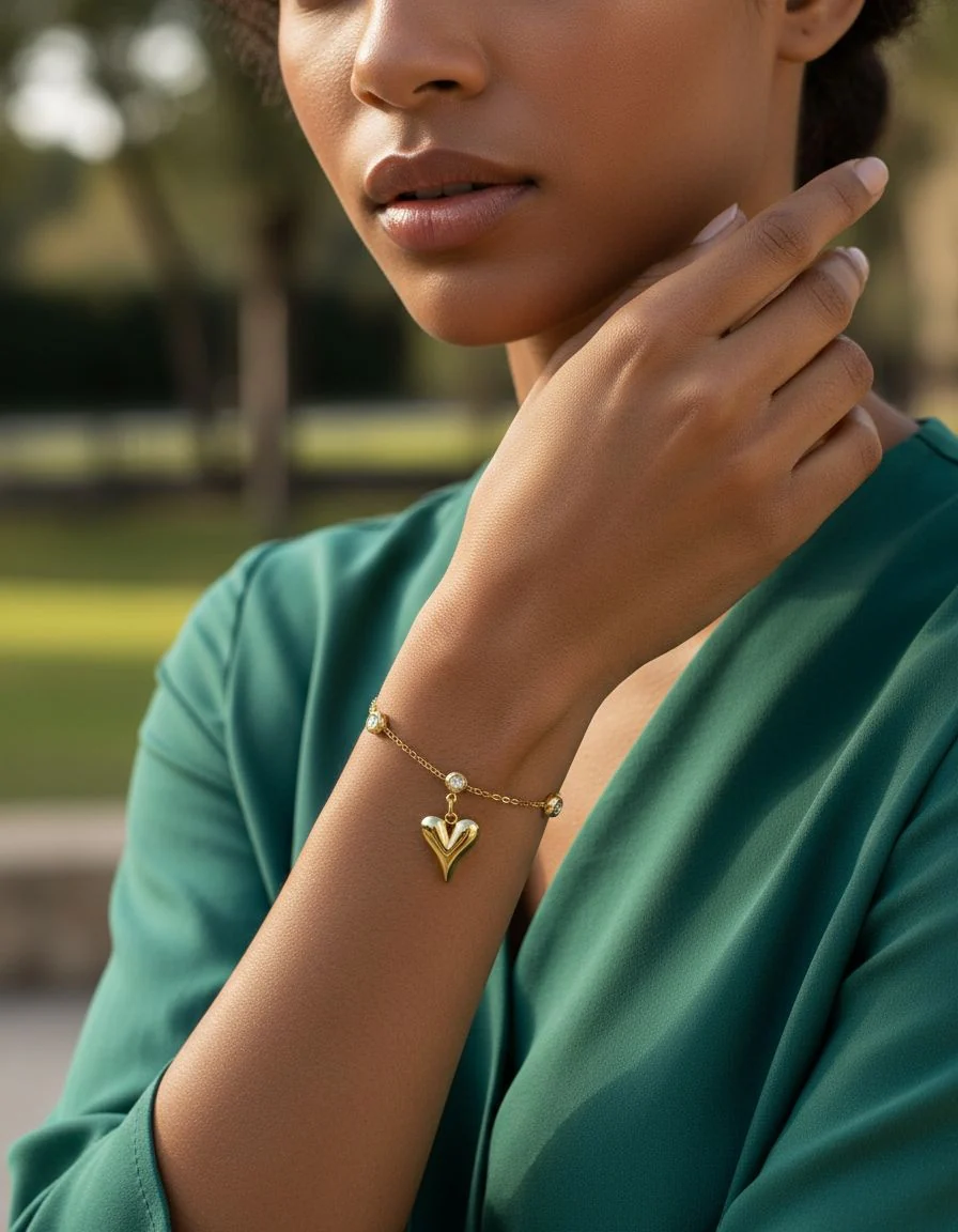 BRACELET EN ACIER DORE AVEC COEUR CENTRAL + STRASS - Image 2