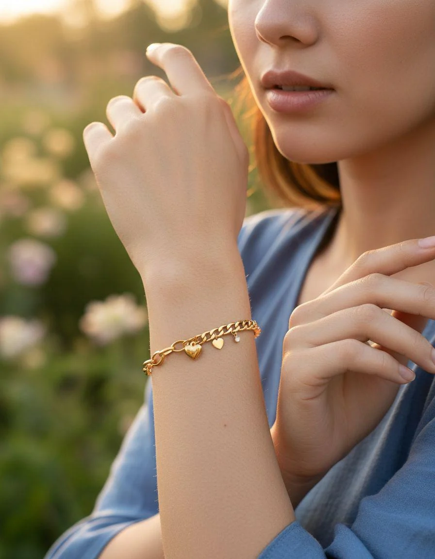 BRACELET EN ACIER DORE AVEC COEUR ET SOLITAIRE PENDANT - Image 2