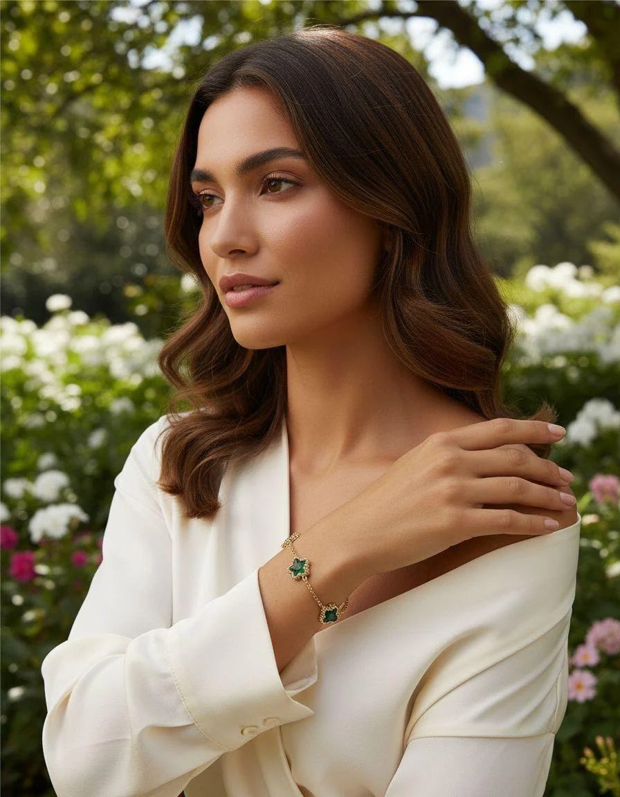BRACELET EN ACIER DORE AVEC ETOILE MARTELE EMERAUDE - Image 2