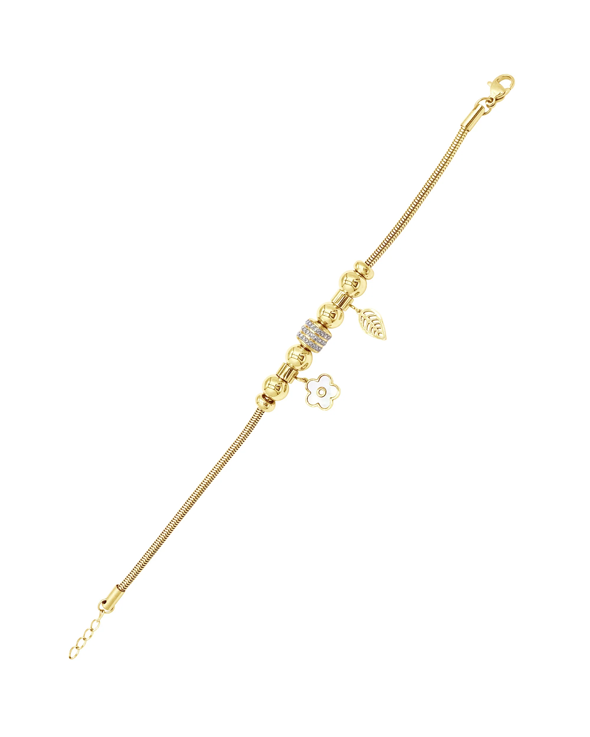 BRACELET EN ACIER DORE AVEC FLEUR ET FEUILLE - Image 3