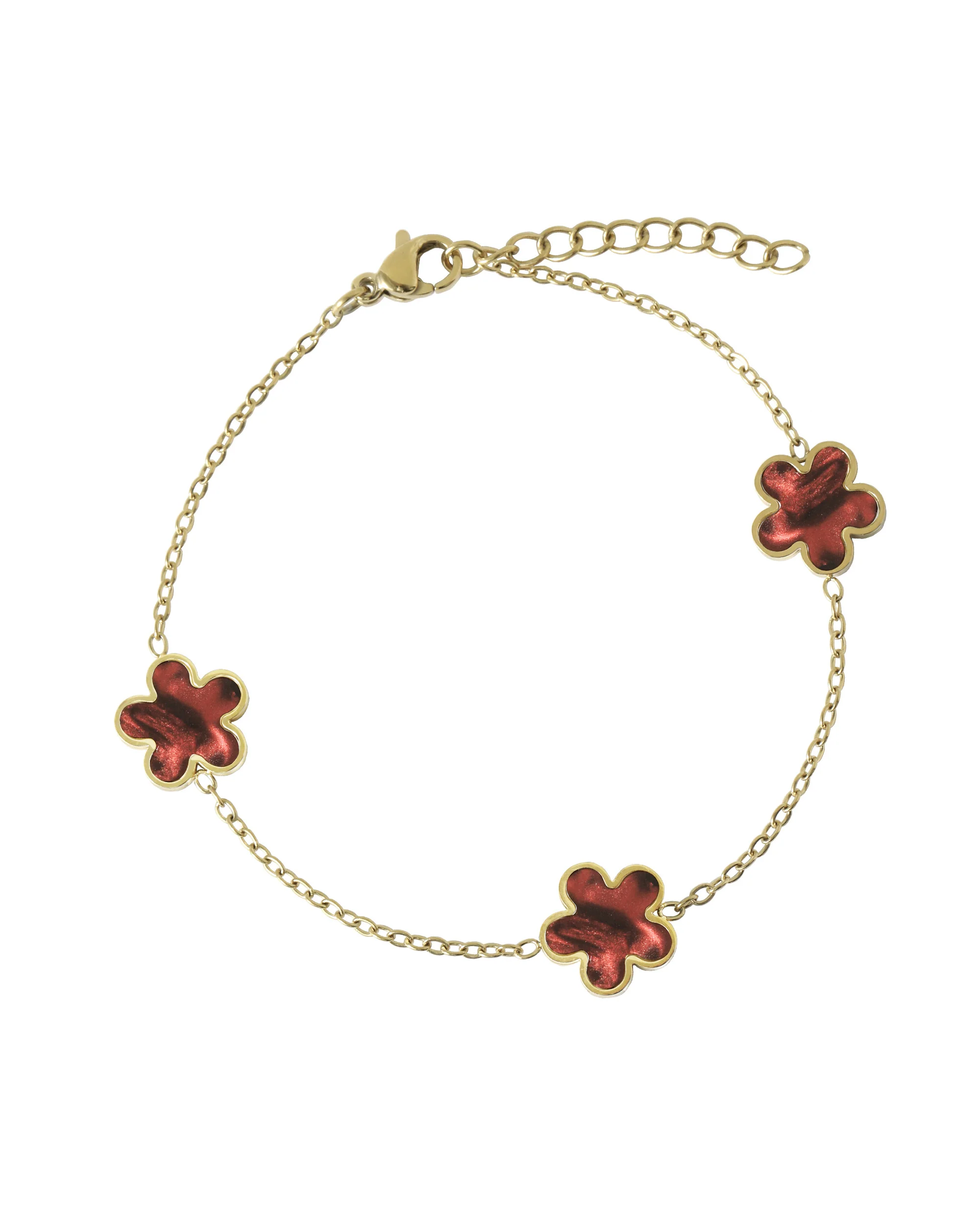 BRACELET EN ACIER DORE AVEC FLEUR NACRE COULEUR GRENAT