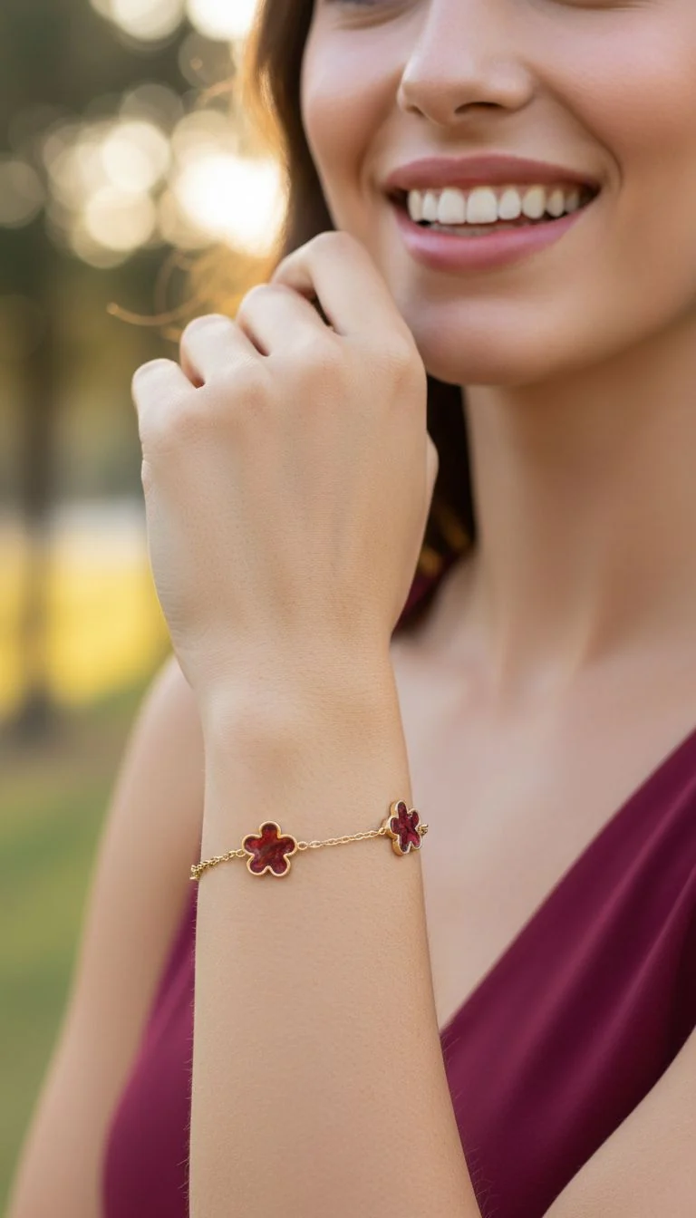 BRACELET EN ACIER DORE AVEC FLEUR NACRE COULEUR GRENAT - Image 2