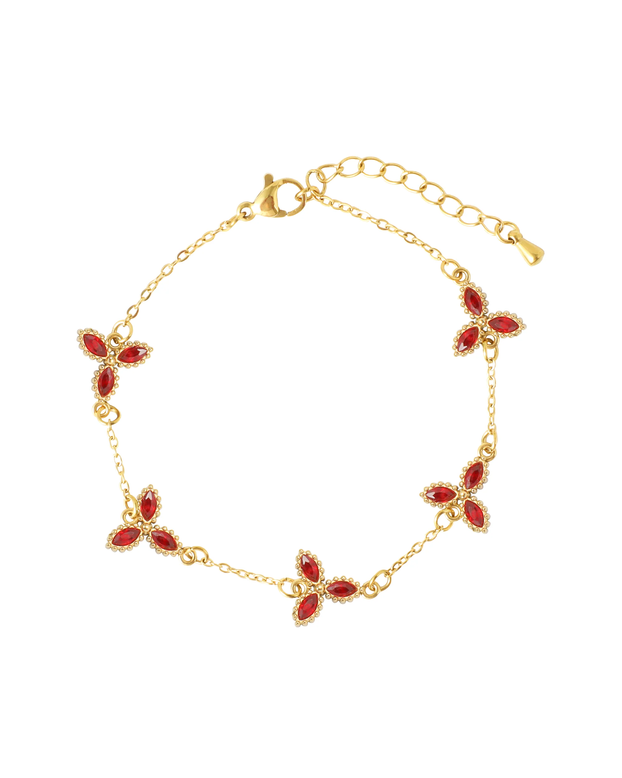 BRACELET EN ACIER DORE AVEC MOTIF FLORAL RUBIS
