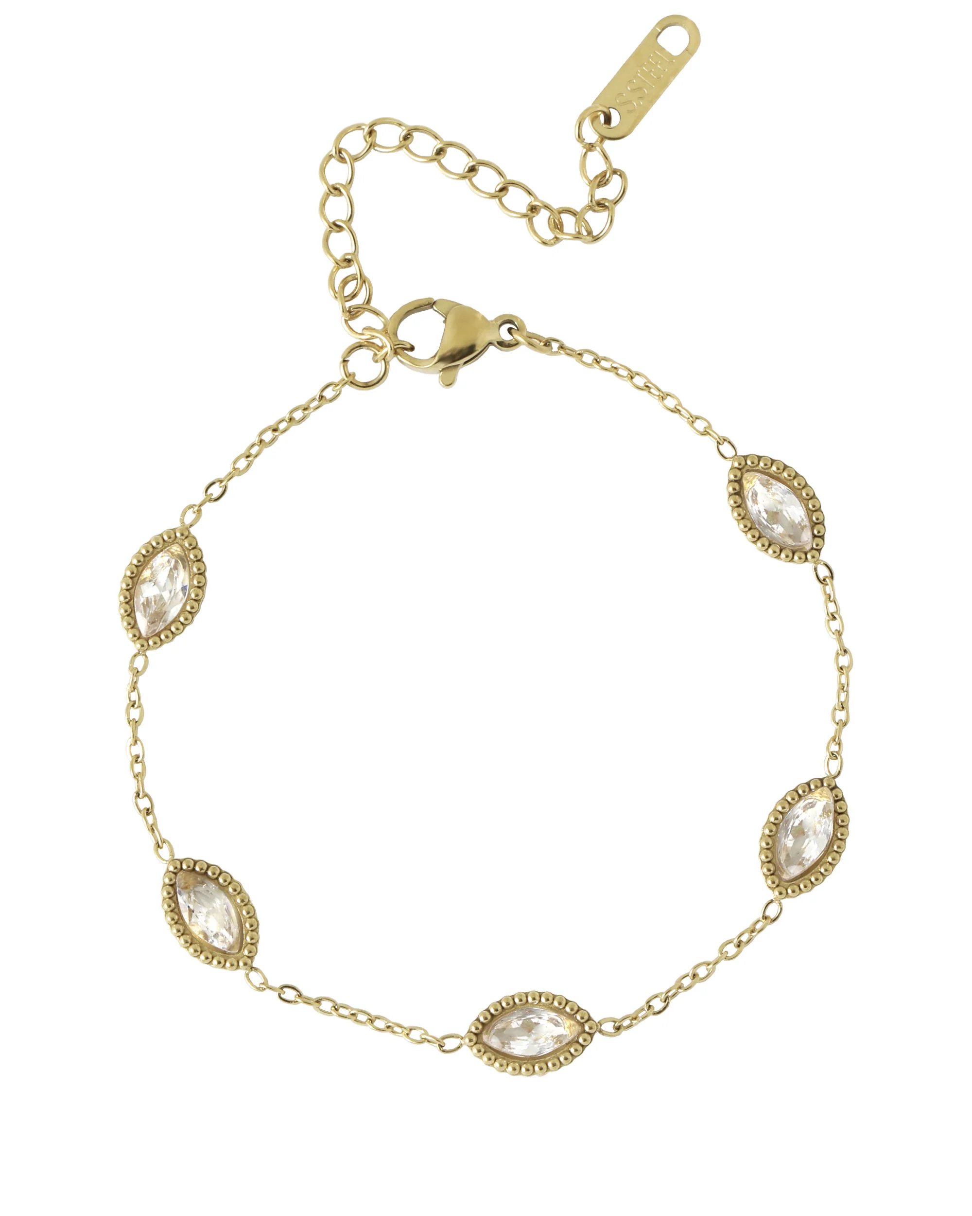 BRACELET EN ACIER DORÉ AVEC OVALES MARTELÉS ET PIERRES BLANCHES