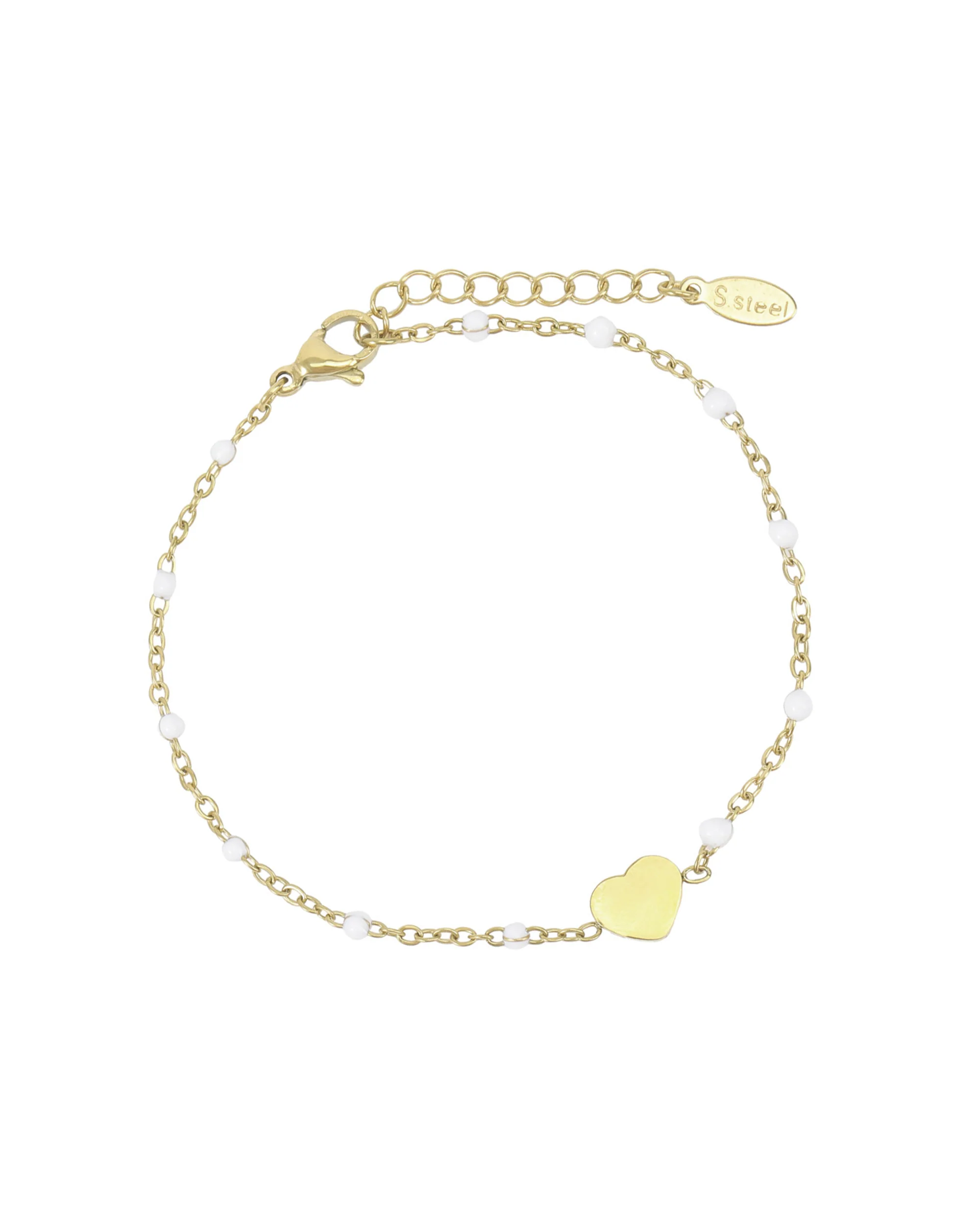 BRACELET EN ACIER DORE AVEC PERLES BLANCHES ET COEUR CENTRAL