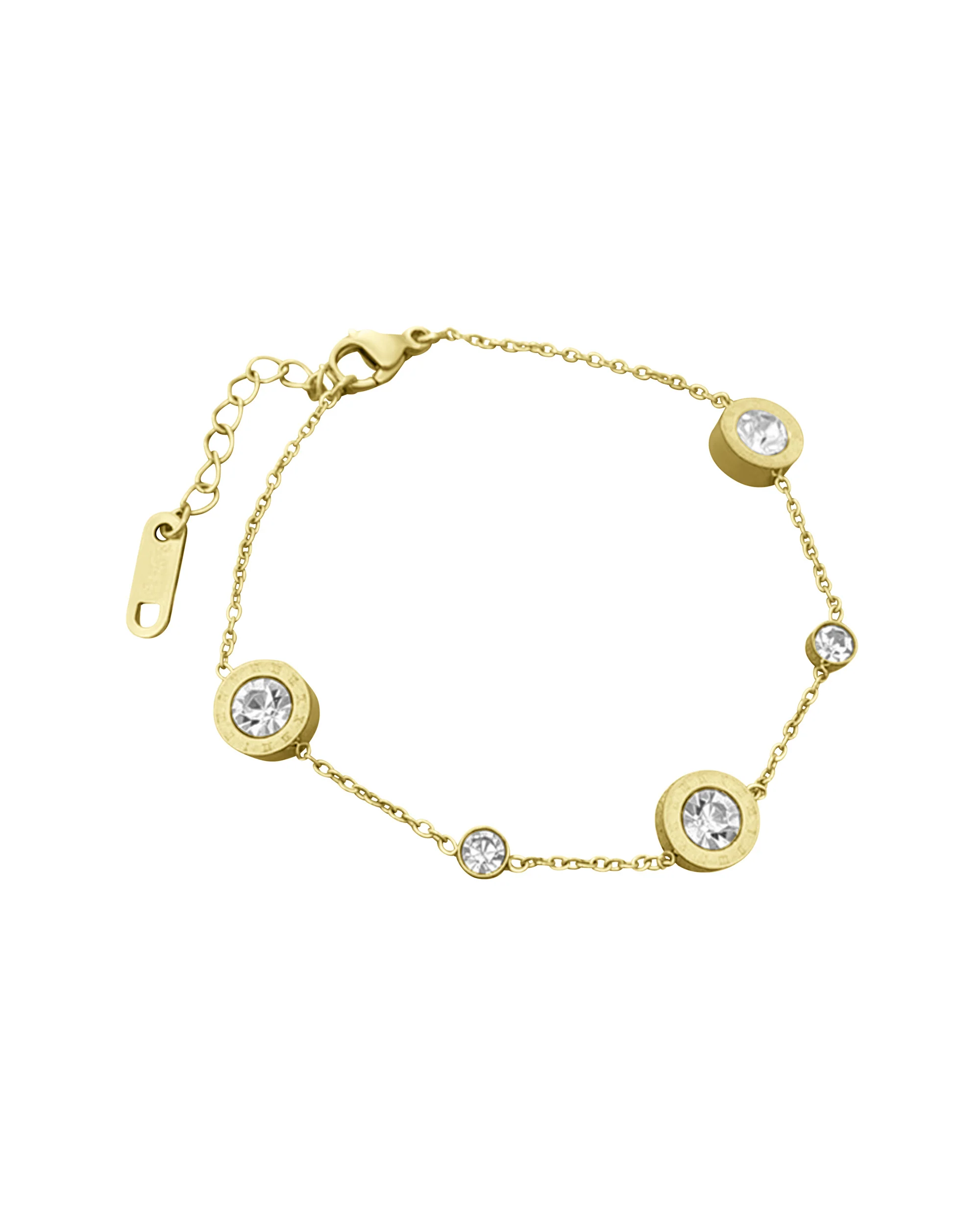 BRACELET EN ACIER DORÉ AVEC RONDS, MOTIF CHIFFRES ROMAINS ET STRASS