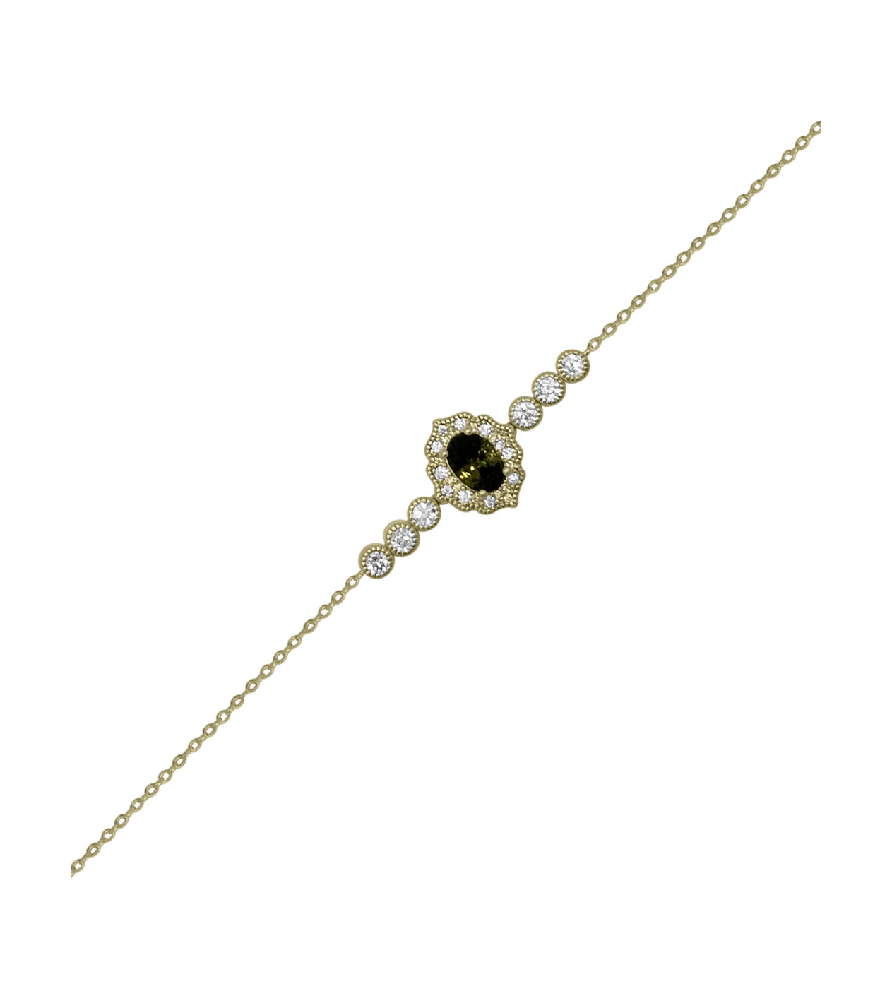 BRACELET EN PLAQUE OR AVEC ZIRCONIUM ET SOLITAIRE OLIVINE