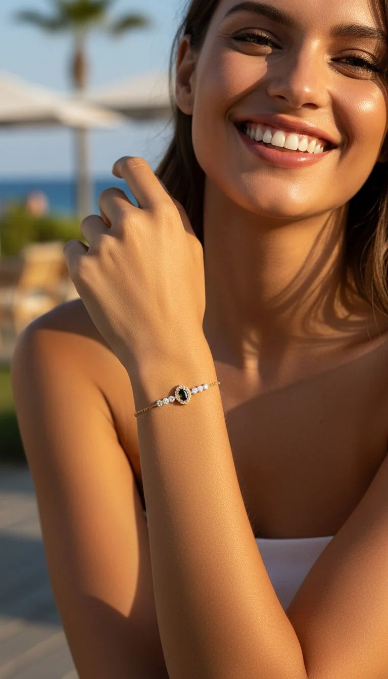 BRACELET EN PLAQUE OR AVEC ZIRCONIUM ET SOLITAIRE OLIVINE - Image 2