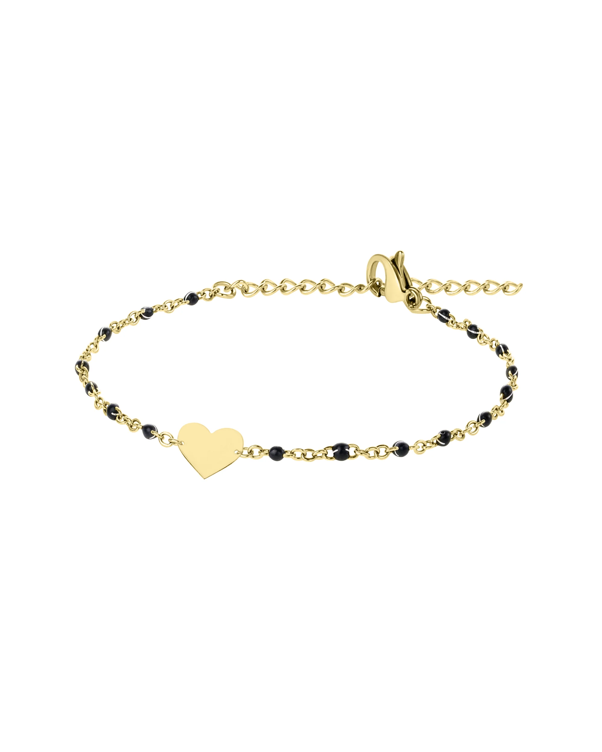BRACELET EN ACIER DORE BILLES NOIRES ET COEUR