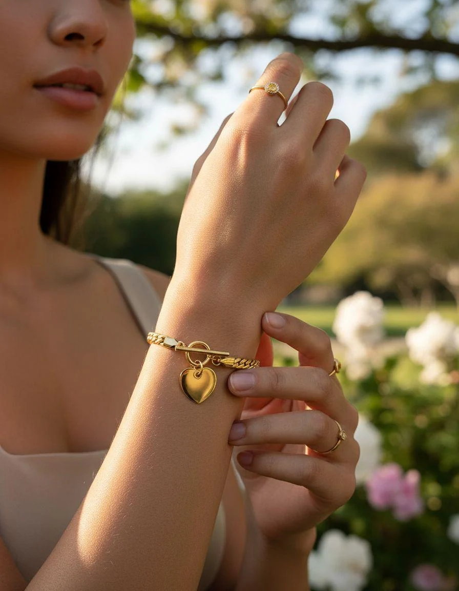 BRACELET EN ACIER DORE COEUR ET FEMOIR BARRE - Image 2