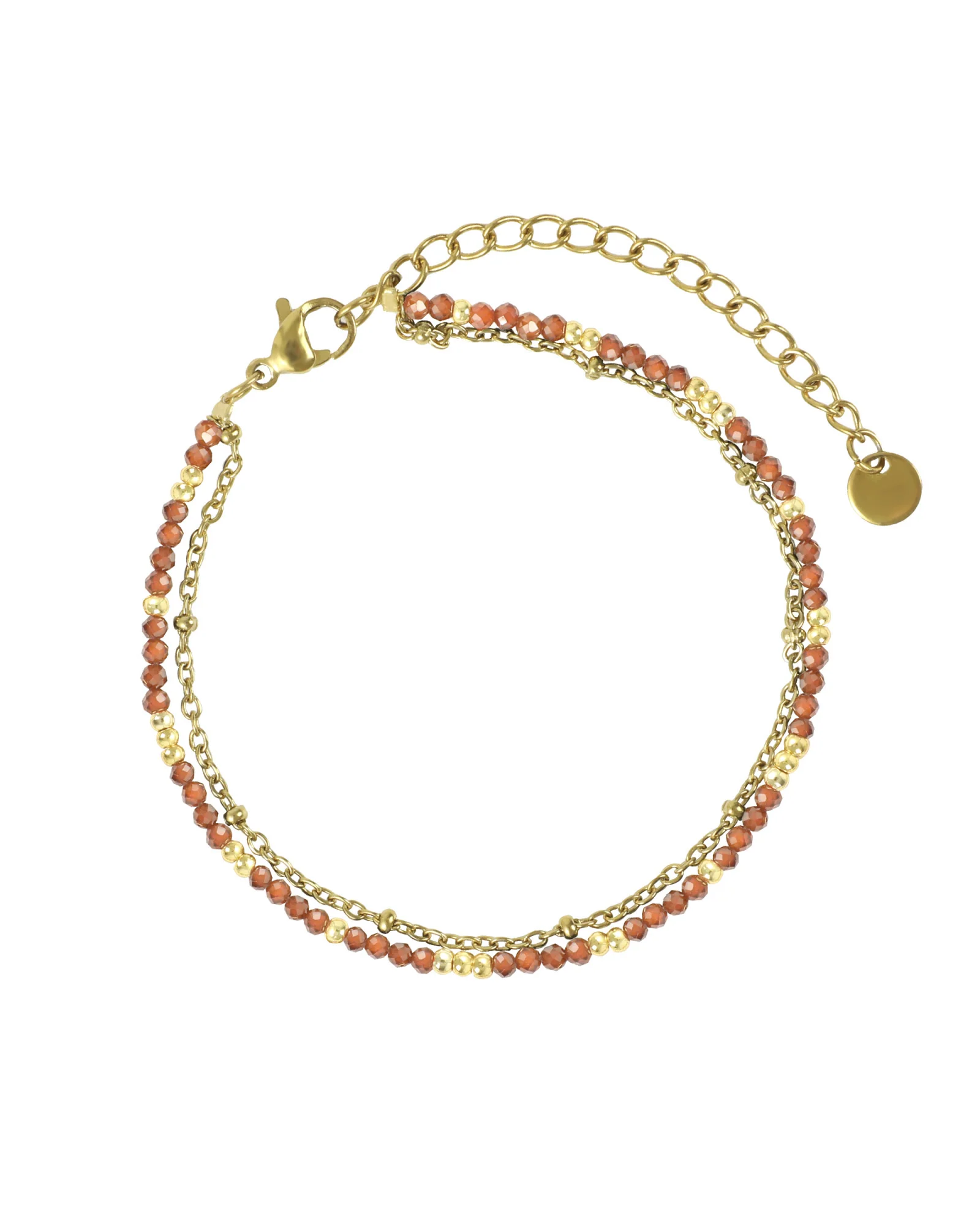 BRACELET EN ACIER DORE DOUBLE MAILLE AVEC BILLES GRENAT