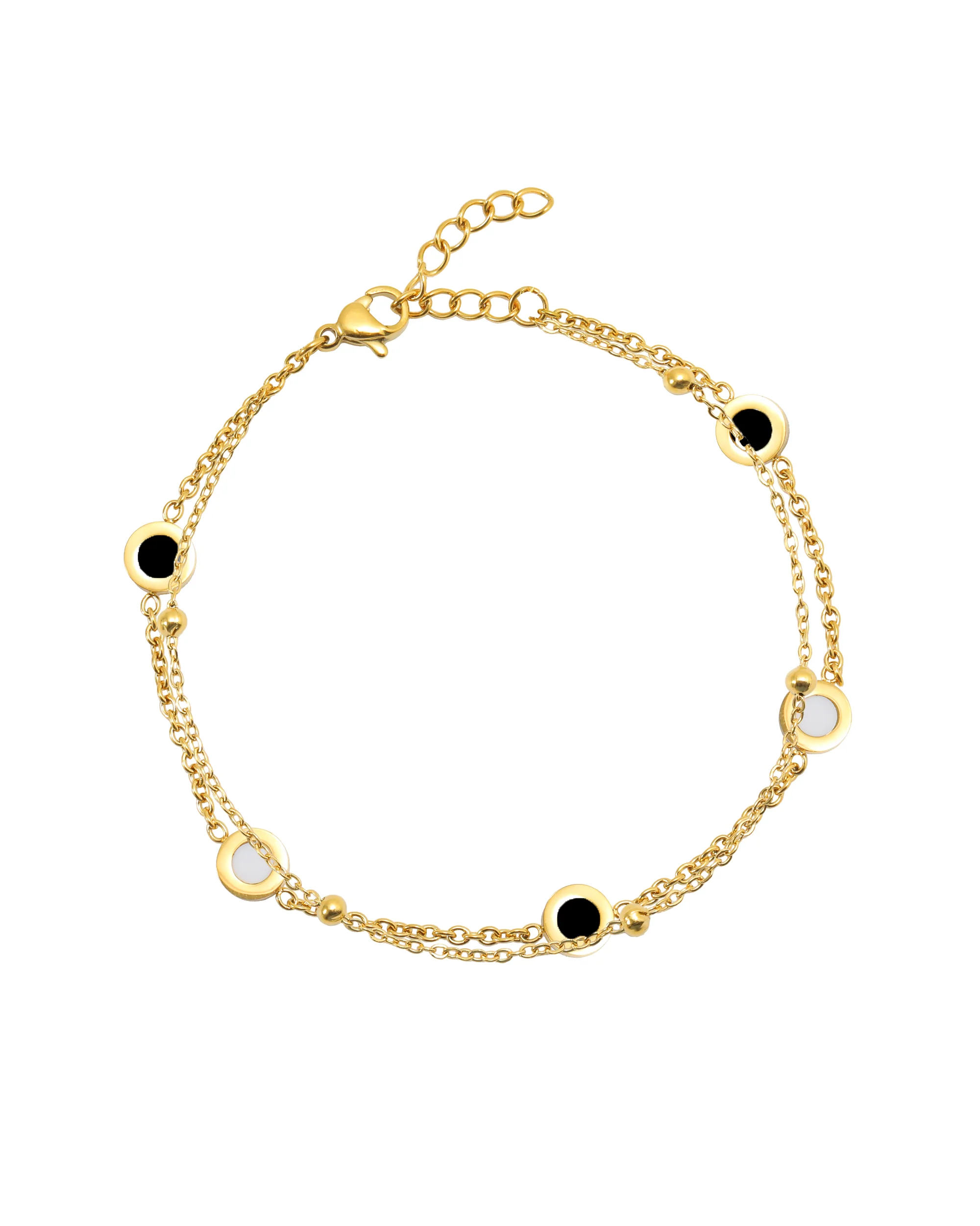 BRACELET EN ACIER DORE DOUBLE MAILLE AVEC RONDS ONYX ET BLANC