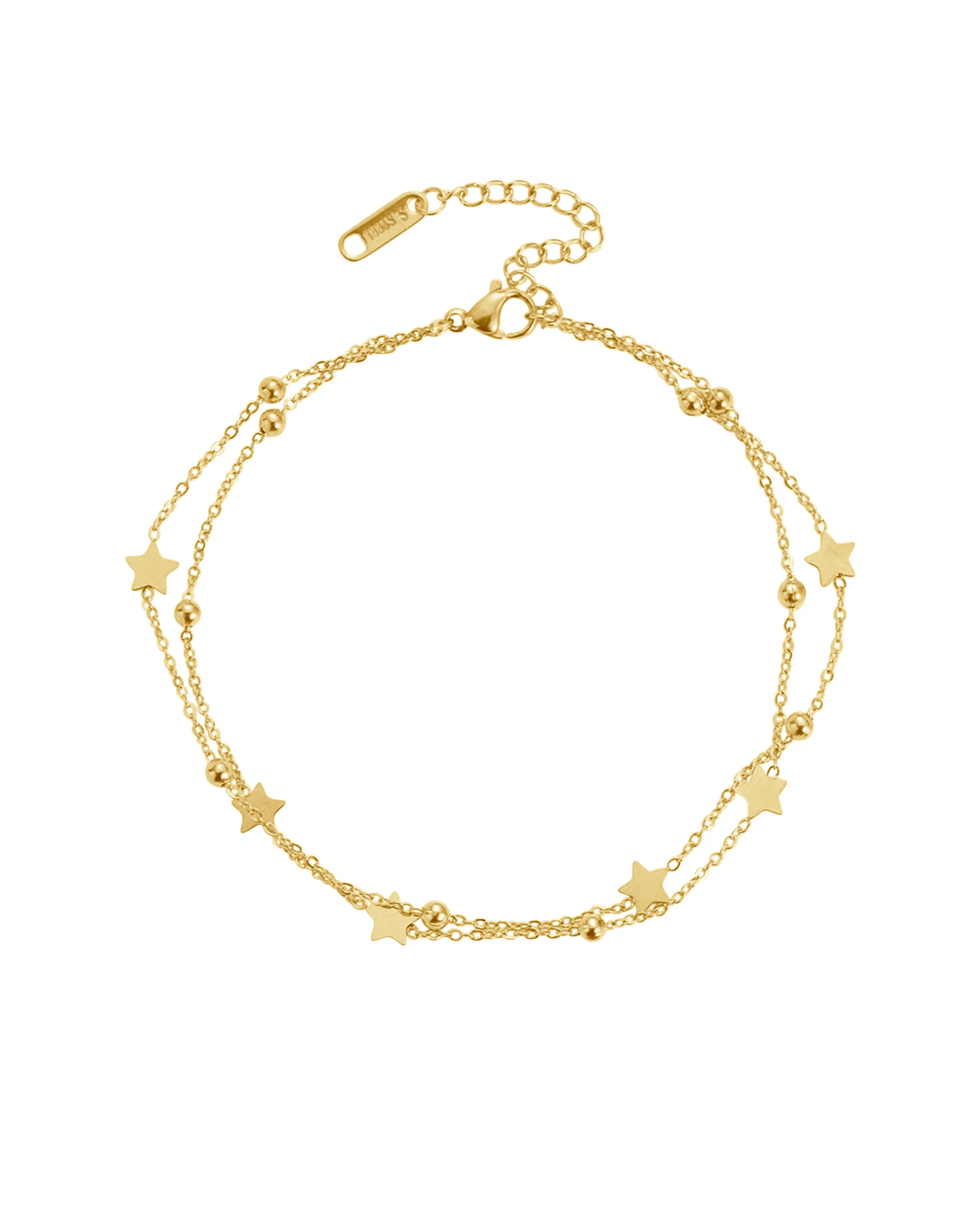 BRACELET EN ACIER DORE DOUBLE MAILLE BILLES ET ETOILES
