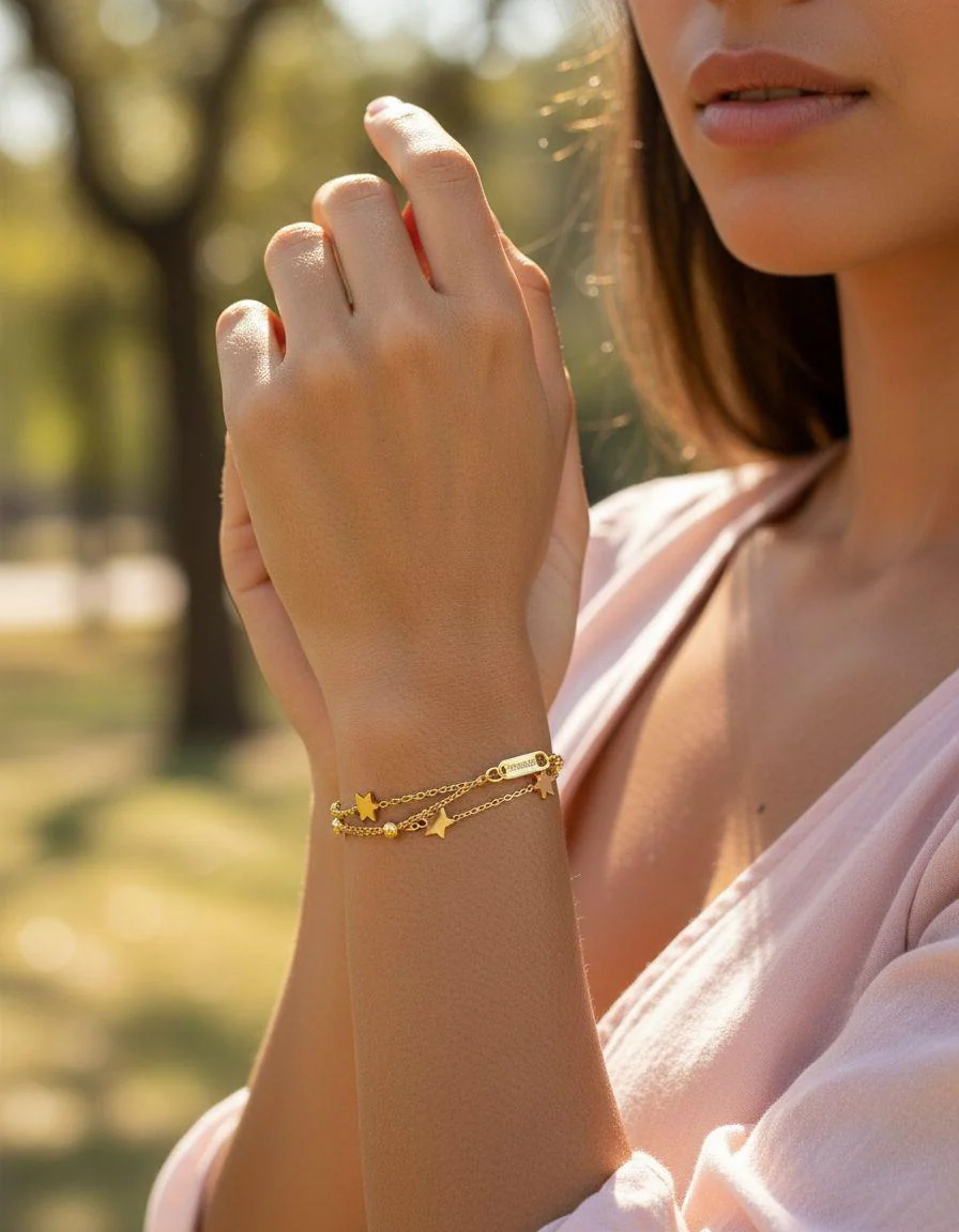 BRACELET EN ACIER DORE DOUBLE MAILLE BILLES ET ETOILES - Image 2