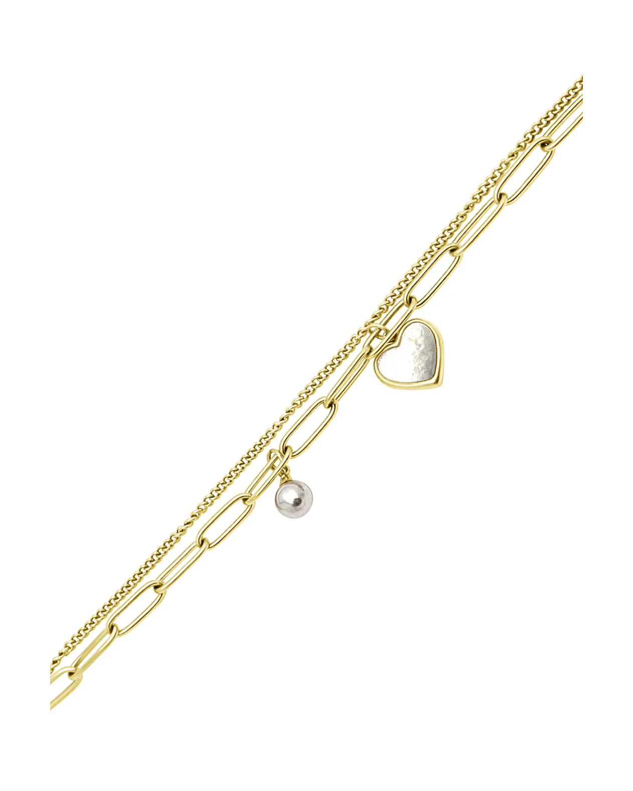 BRACELET EN ACIER DORE DOUBLE MAILLE COEUR NACRE ET PERLE