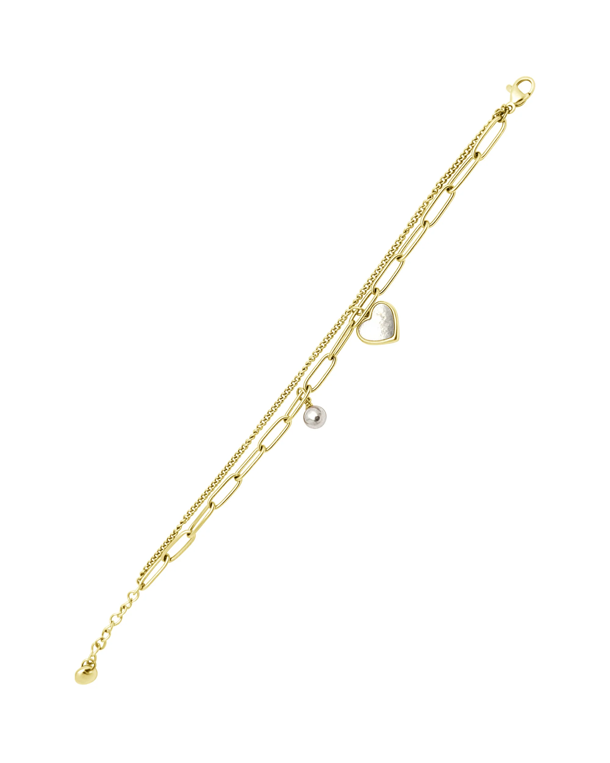 BRACELET EN ACIER DORE DOUBLE MAILLE COEUR NACRE ET PERLE - Image 3