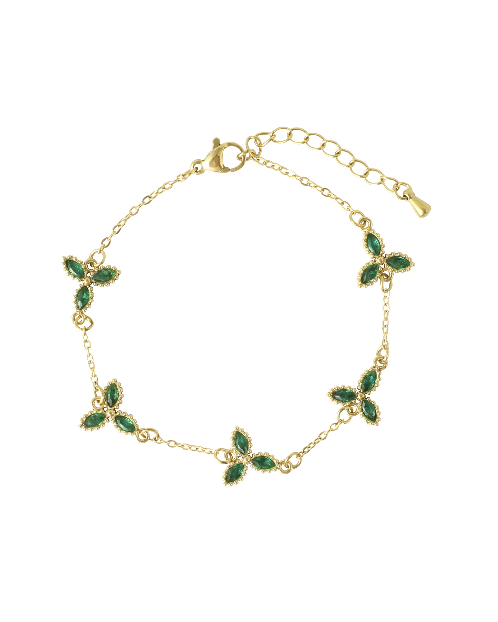 BRACELET EN ACIER DORE  FLEUR  TRIPLE PETALES EMERAUDE
