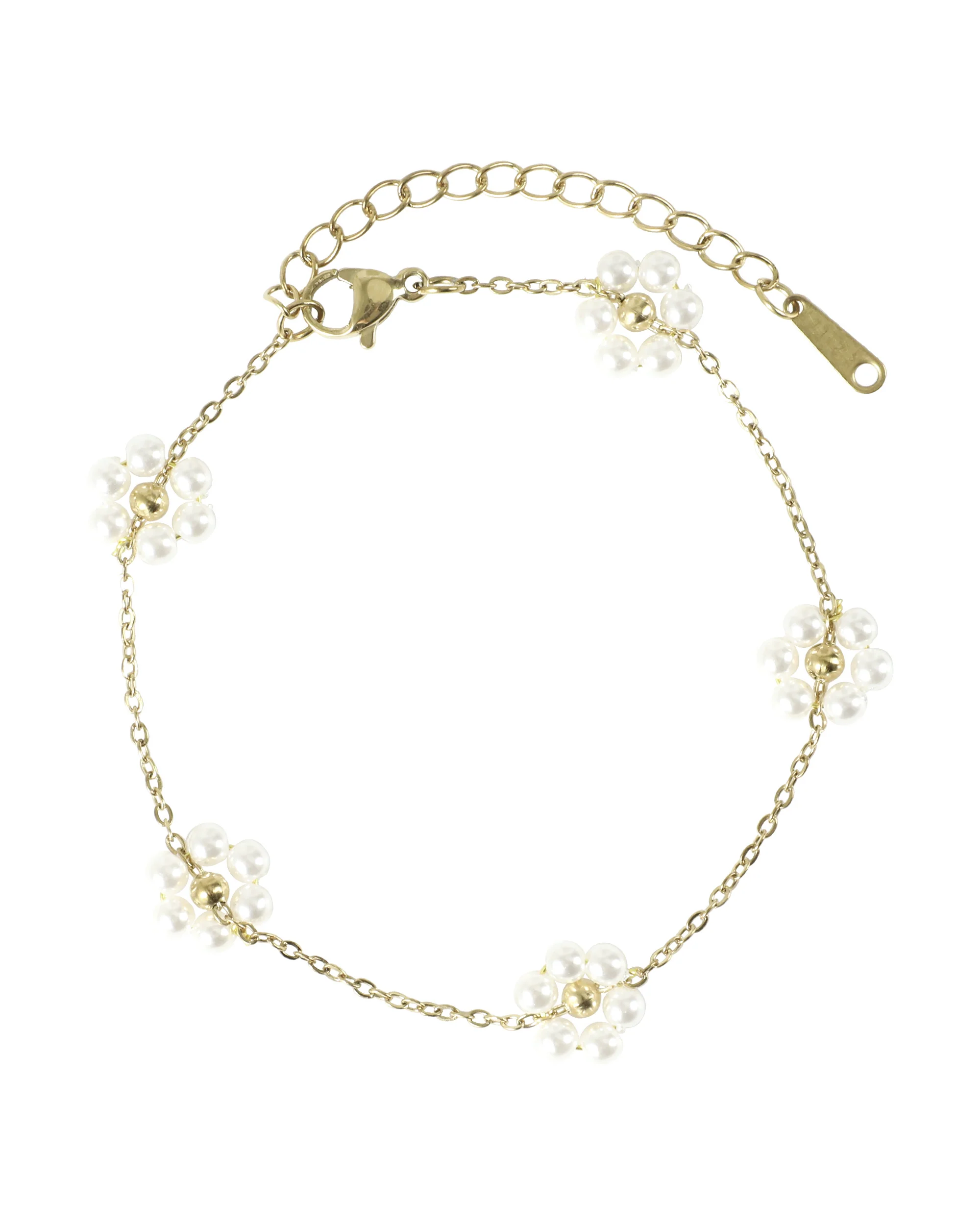BRACELET EN ACIER DORE FLEURS AVEC PERLES