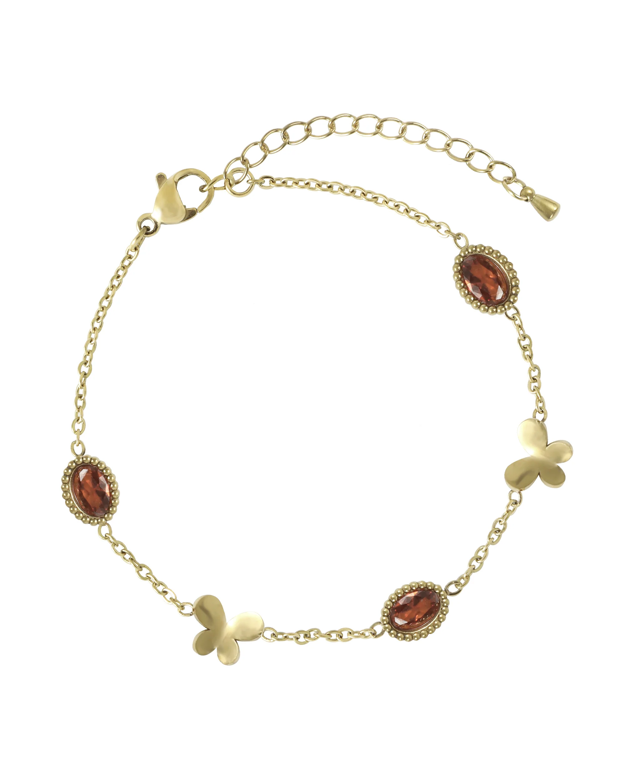 BRACELET EN ACIER DORE MOTIF OVALE GRENAT AVEC PAPILLON