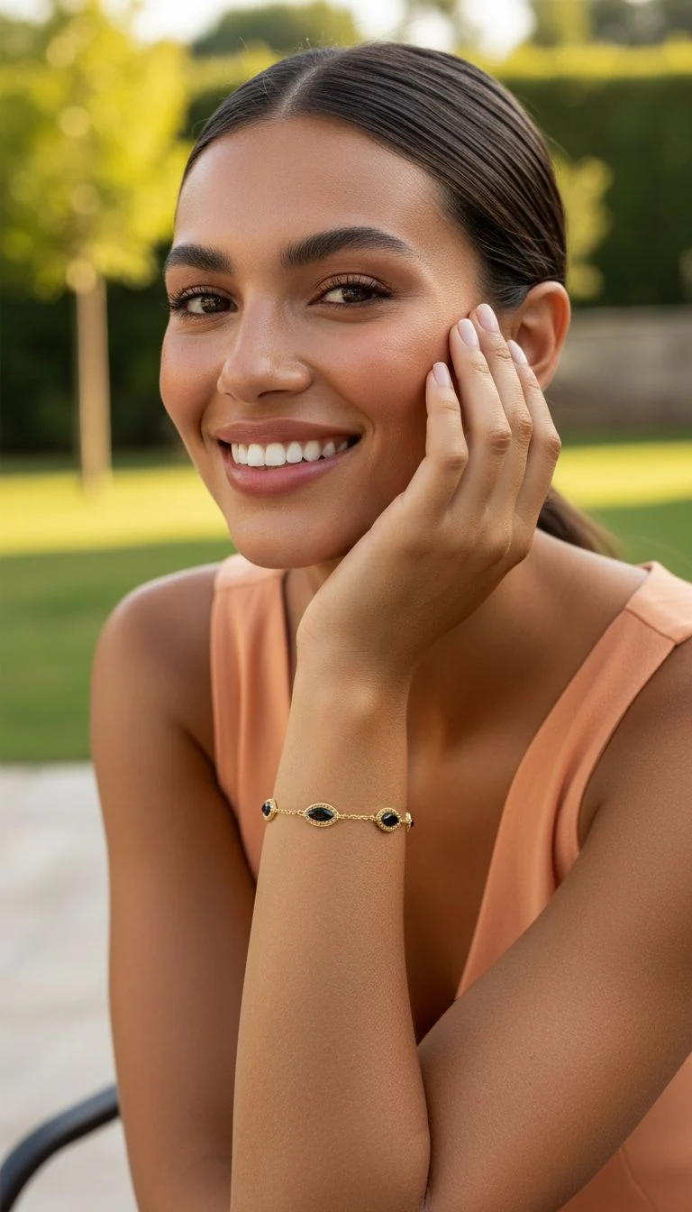 BRACELET EN ACIER DORE MOTIF OVALE ONYX - Image 2
