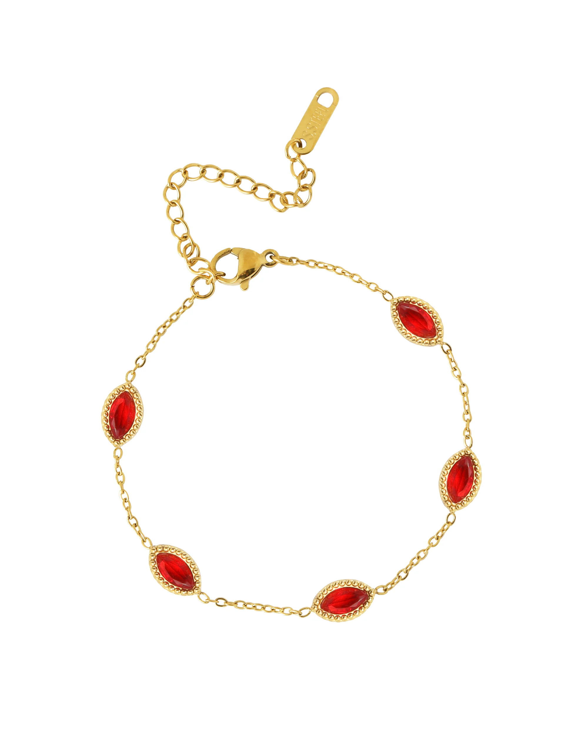 BRACELET EN ACIER DORE MOTIF OVALE RUBIS