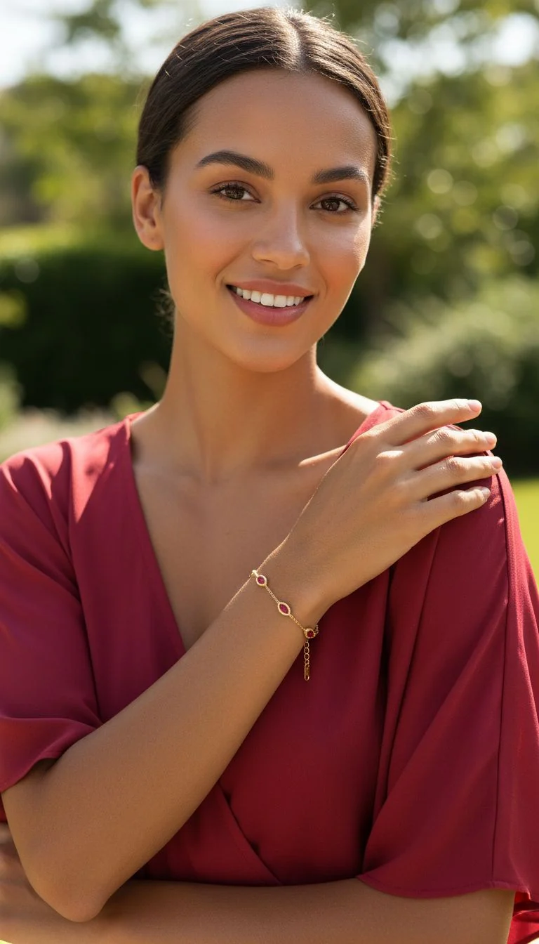 BRACELET EN ACIER DORE MOTIF OVALE RUBIS - Image 2