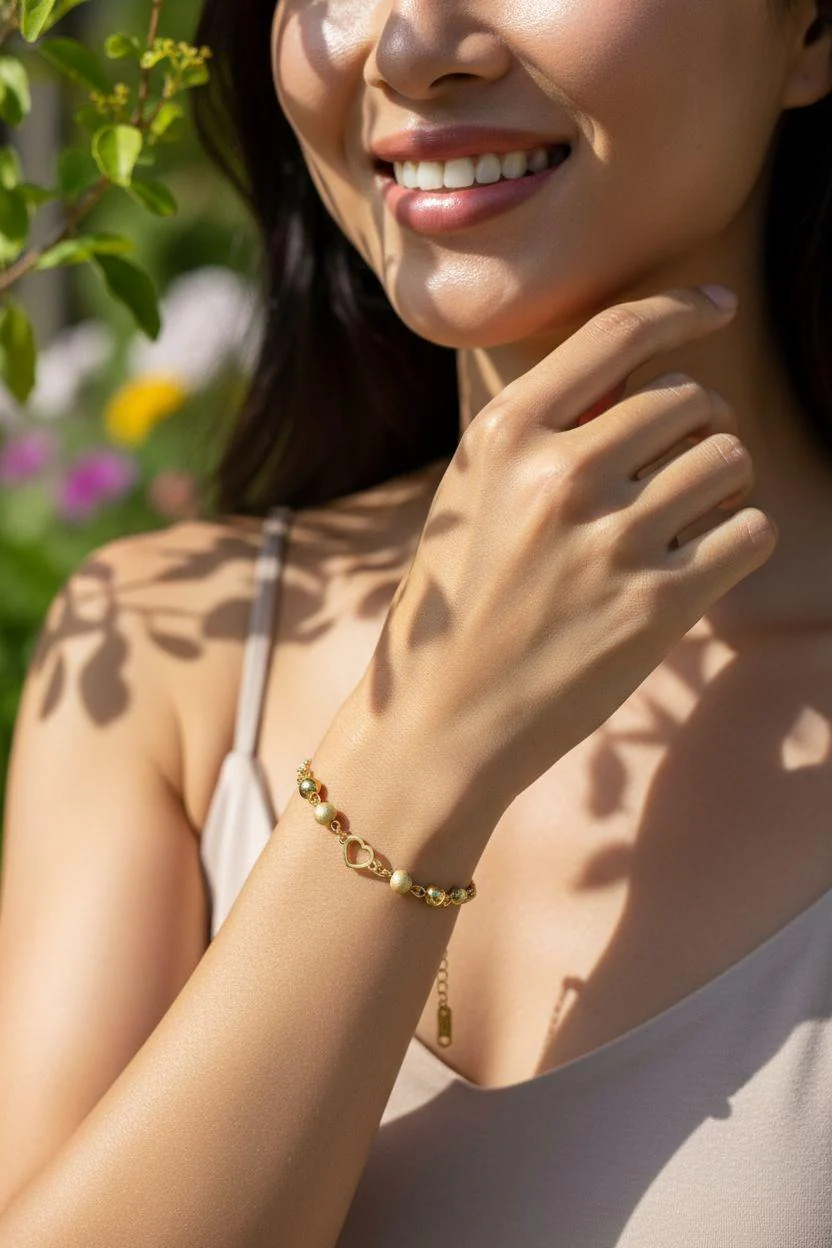 BRACELET EN ACIER DORE ORNE D'UN COEUR AVEC BILLES PAILLETEE + LISSE - Image 2