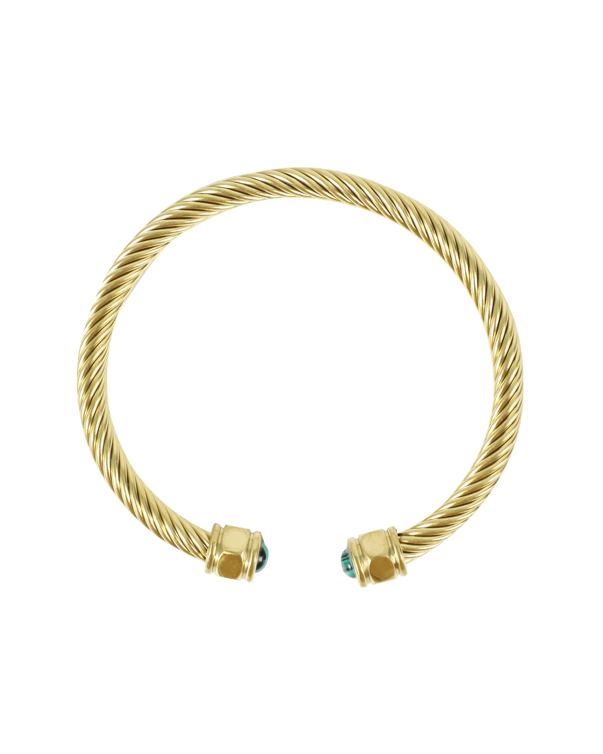 BRACELET EN ACIER DORE RIGIDE OEIL DE TIGRE ÉMERAUDE