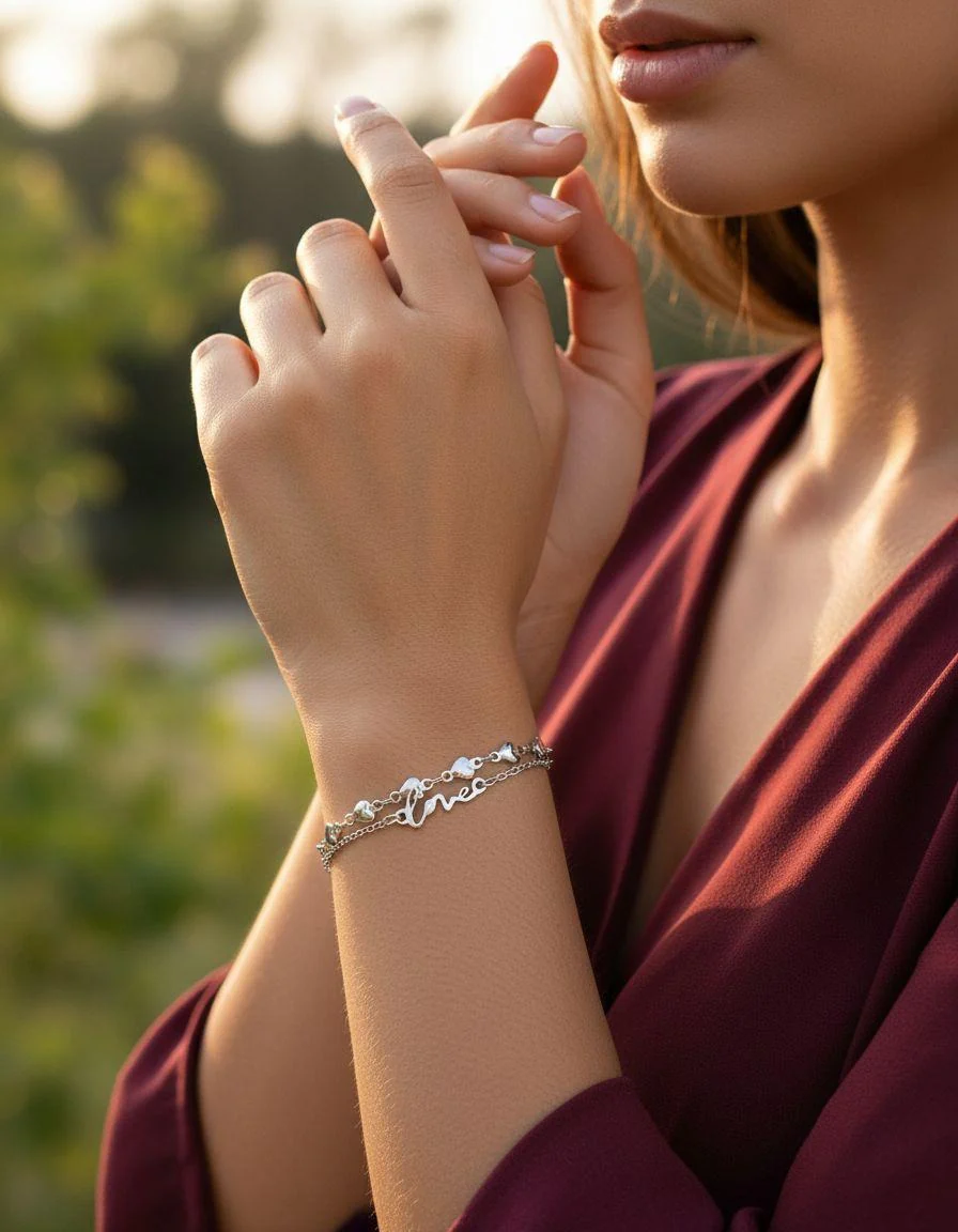 BRACELET EN ACIER DOUBLE MAILLE AVEC COEUR ET LOVE - Image 2