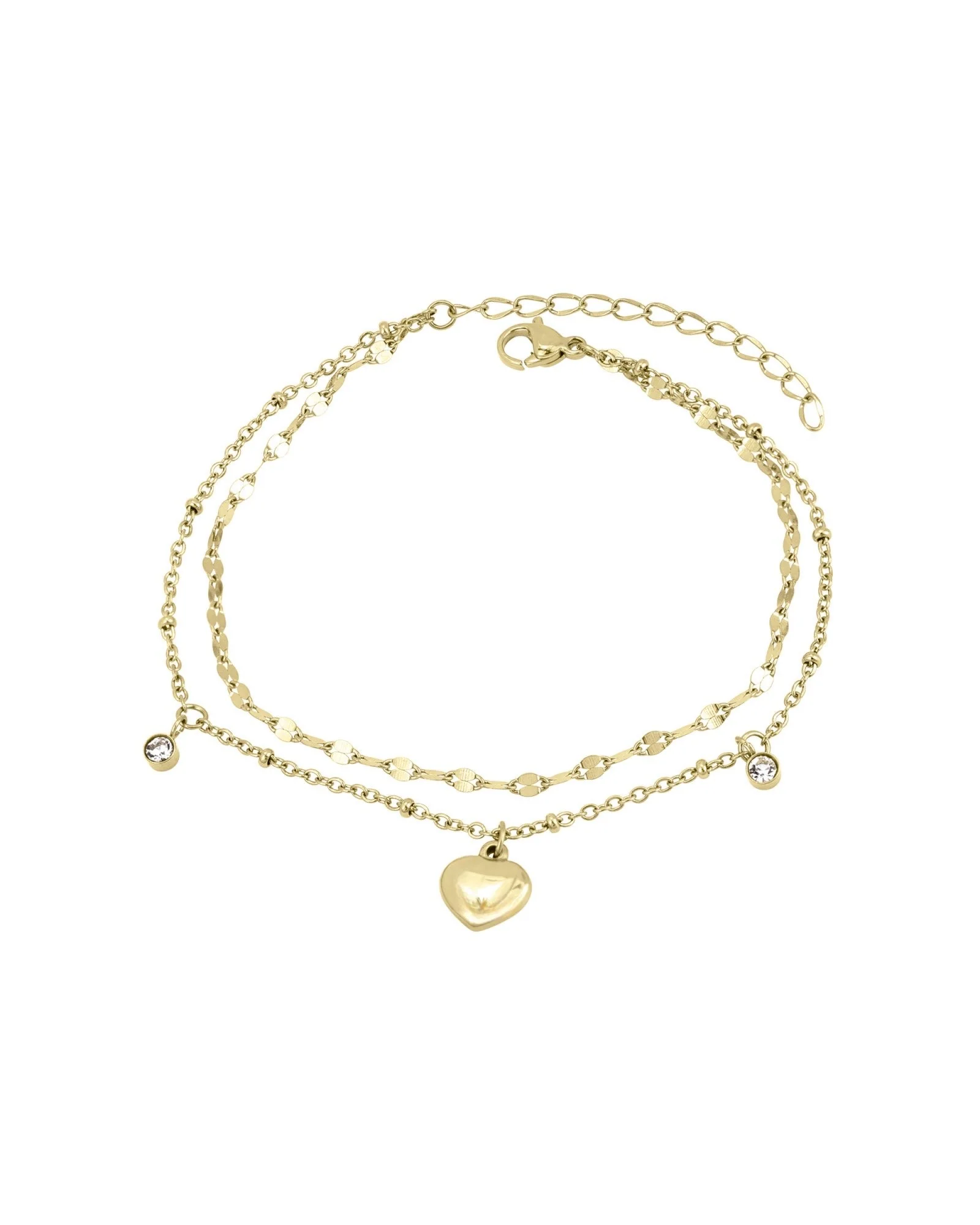 BRACELET EN ACIER DOUBLE MAILLE AVEC COEUR ET SOLITAIRE PENDANTS