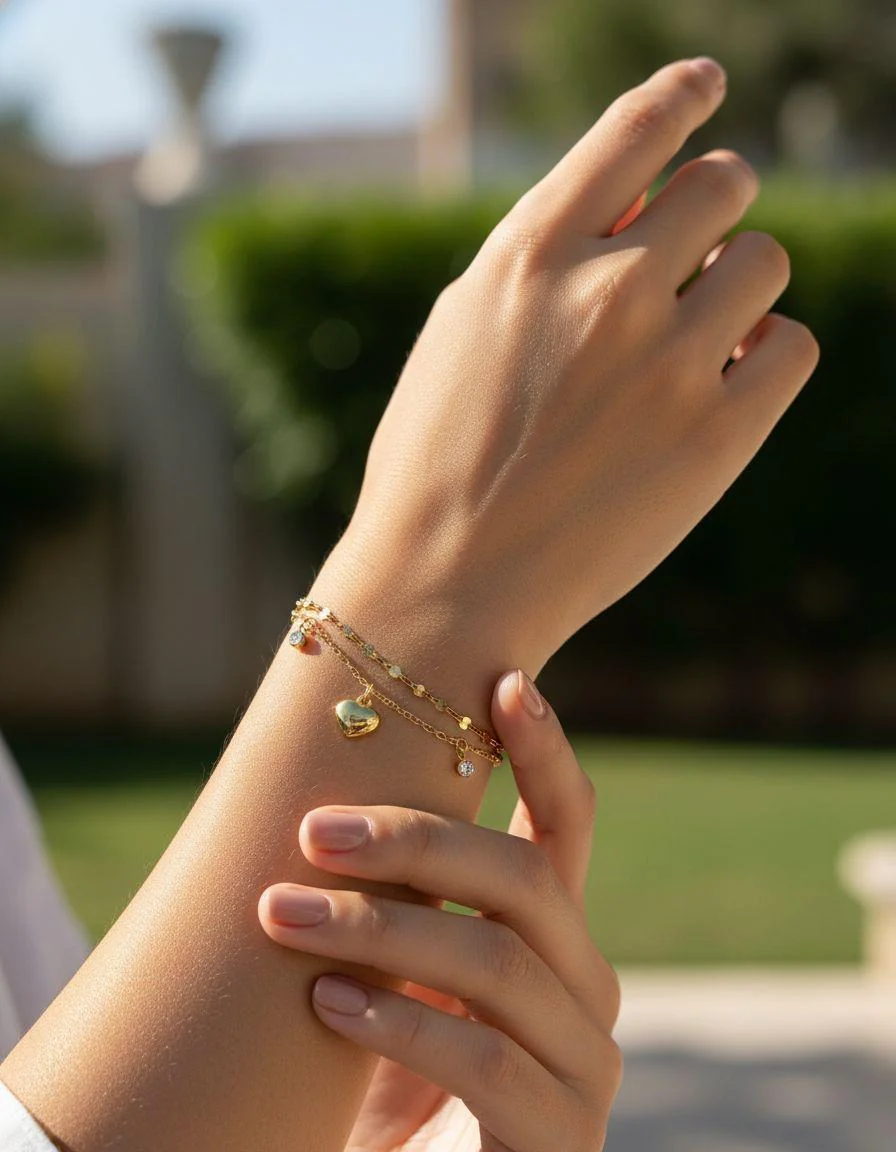 BRACELET EN ACIER DOUBLE MAILLE AVEC COEUR ET SOLITAIRE PENDANTS - Image 2