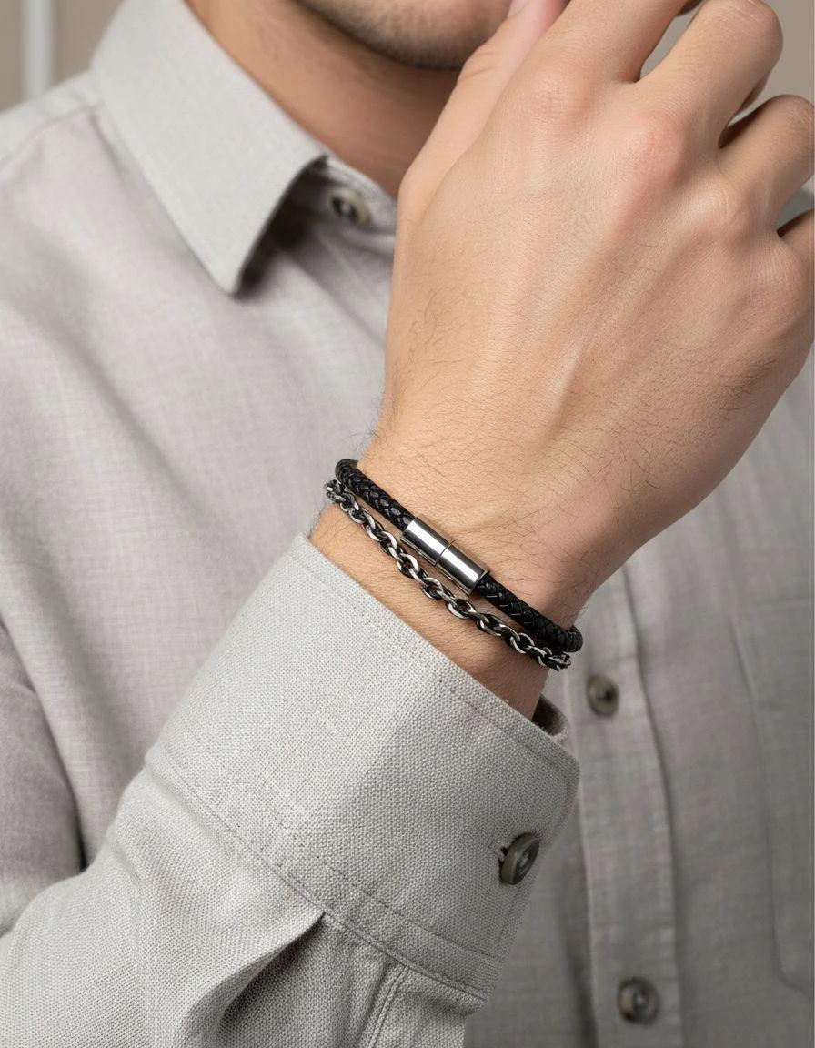 BRACELET EN ACIER ET CUIR 2 RANGS MAILLE TRESSÉE - Image 2