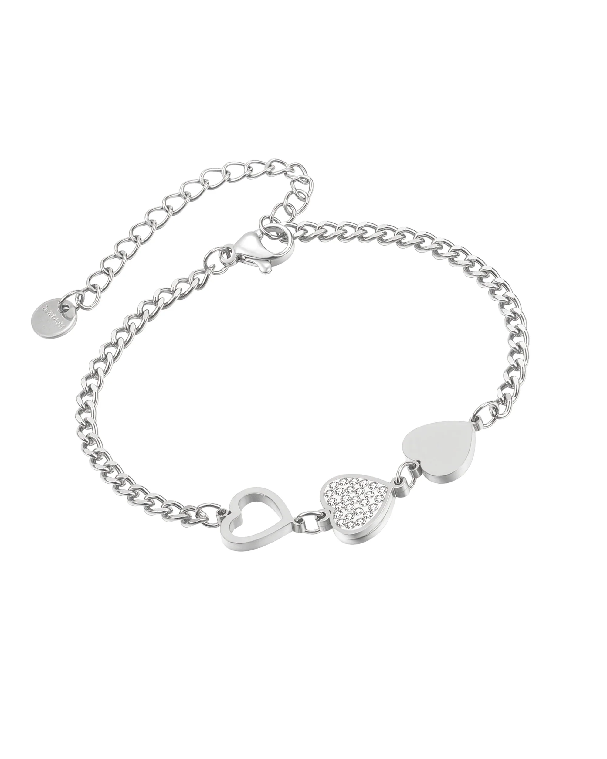 BRACELET EN ACIER MAILLE GOURMETTE 3 COEURS ET STRASS
