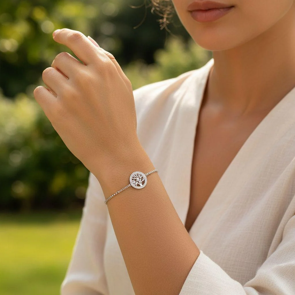 BRACELET EN ACIER MOTIF ARBRE DE VIE CERCLE DE STRASS - Image 2