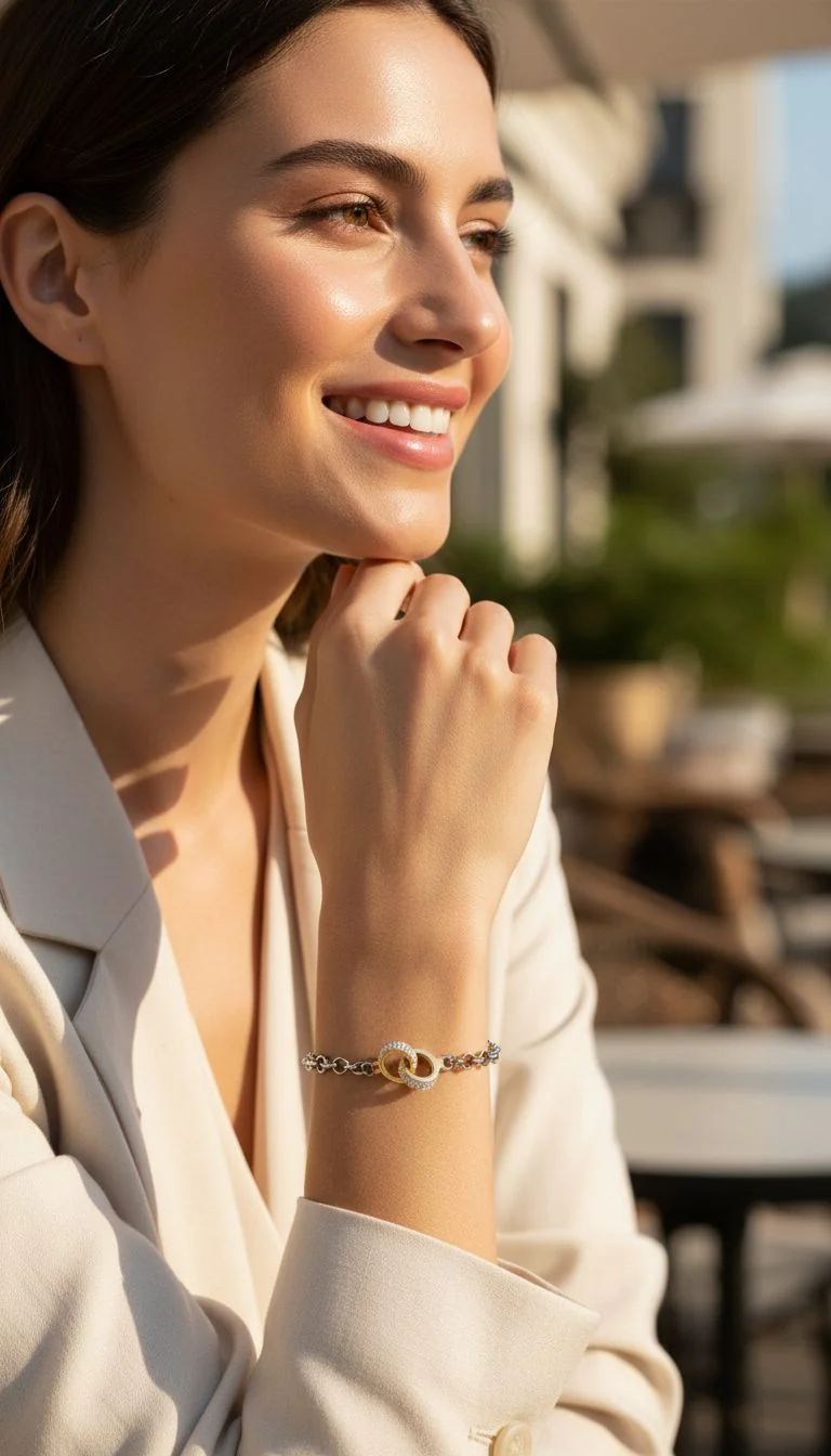 BRACELET EN ACIER DORE 3 MENOTTES AVEC STRASS - Image 2