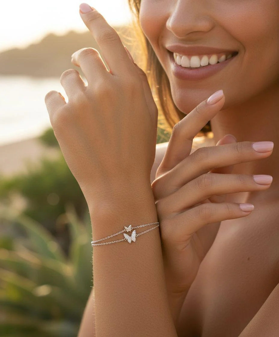 BRACELET EN ARGENT 2 PAPILLONS AVEC PIERRES - Image 2
