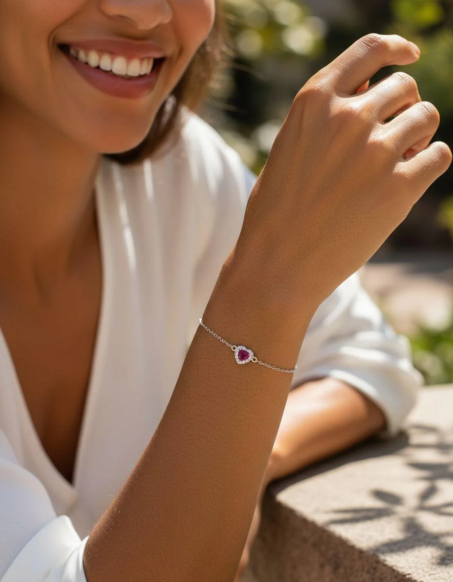 BRACELET EN ARGENT COEUR ROSE AVEC PIERRES - Image 2