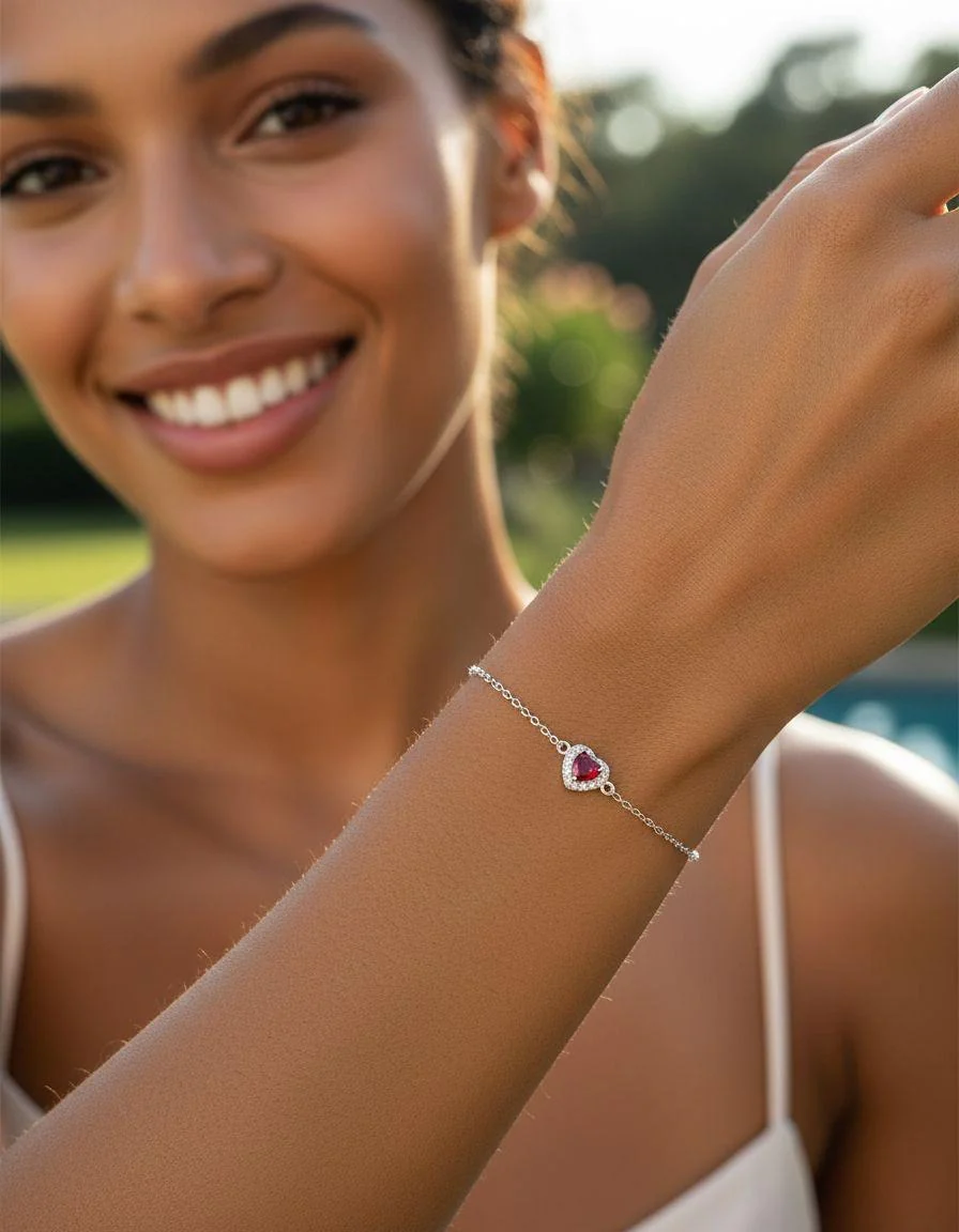 BRACELET EN ARGENT COEUR ROUGE AVEC PIERRES - Image 2
