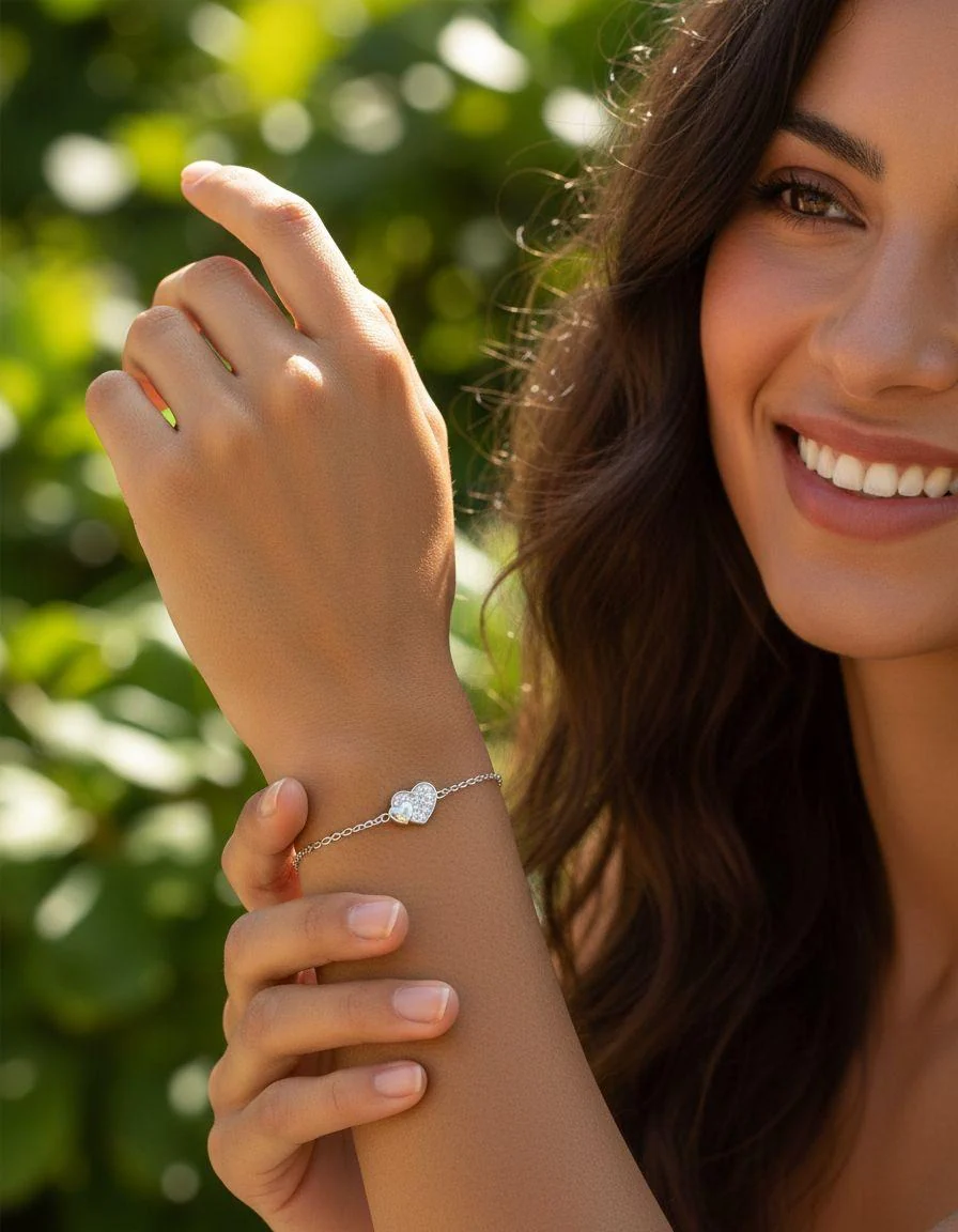 BRACELET EN ARGENT DOUBLE COEUR ET PIERRES - Image 2