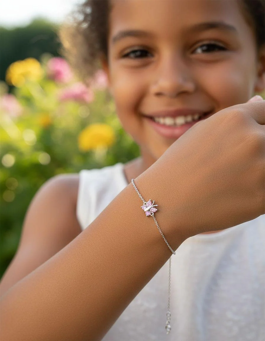 BRACELET EN ARGENT ENFANT  PAPILLON ROSE - Image 2