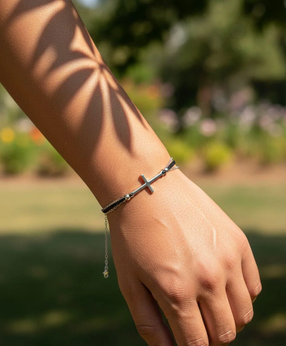 BRACELET EN CORDE AVEC CROIX EN ACIER - Image 2