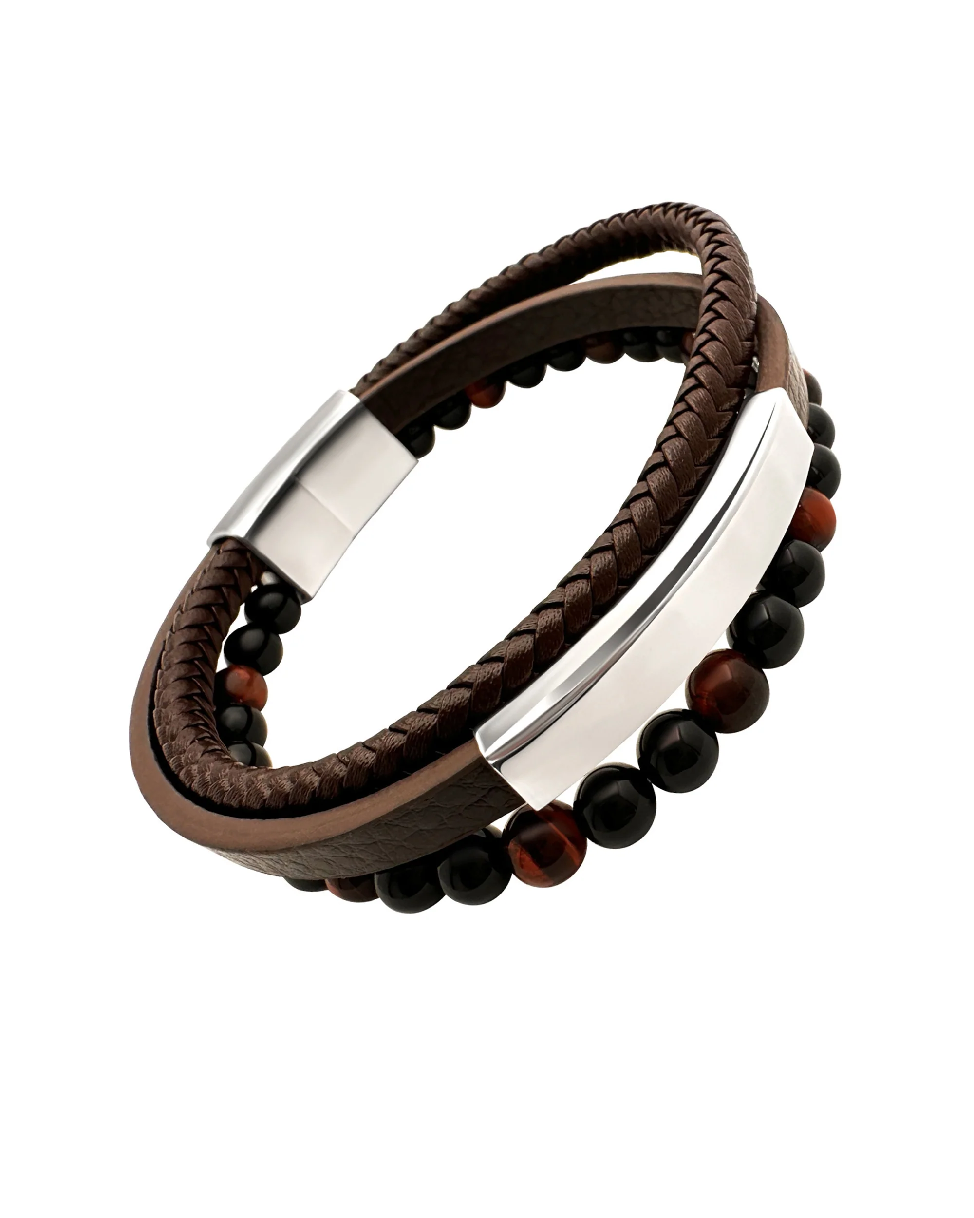 BRACELET EN CUIR BRUN AVEC PIERRES OEIL DE TIGRE