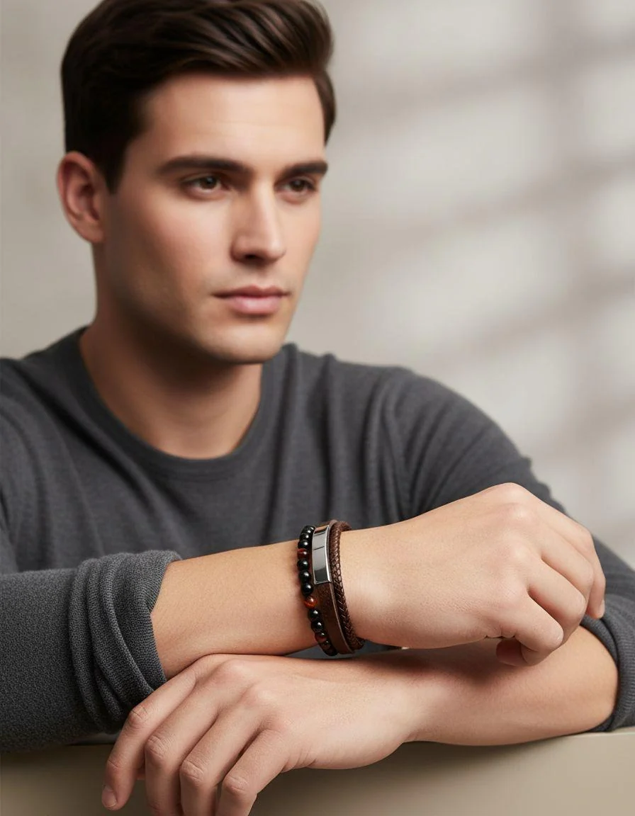 BRACELET EN CUIR BRUN AVEC PIERRES OEIL DE TIGRE - Image 2